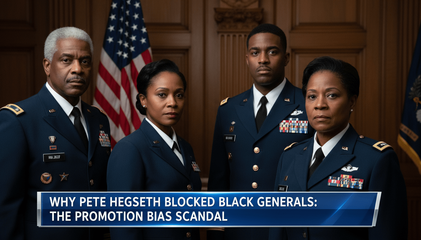 Cinematic editorial news broadcast style image. A group of four distinguished military officers in formal dress uniforms—specifically two African American men and two women—standing with dignity and serious expressions in a prestigious, wood-paneled government office. The background features a blurred American flag and formal architecture, creating a somber and official atmosphere. The lighting is high-contrast and dramatic. At the bottom of the frame, there is a bold, professional TV-news lower-third banner with a sleek blue and silver graphic design. The text on the banner reads exactly: "Why Pete Hegseth Blocked Black Generals: The Promotion Bias Scandal" in high-contrast, bold white sans-serif typography. Photorealistic, 8k resolution, news agency photography style.