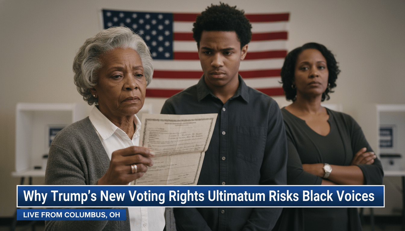 A cinematic, photorealistic editorial news photograph of a multi-generational African American family—an elderly woman, a young man in his 20s, and a middle-aged woman—standing in a thoughtful, somber line at a community voting center. The elderly woman is holding a weathered birth certificate and looking at it with a concerned expression. The background features soft-focus voting booths and a draped American flag, creating a high-stakes atmosphere. The lighting is professional news-style with a shallow depth of field. At the bottom of the frame, there is a sharp, high-contrast professional TV news lower-third banner in blue and white. The banner features bold, crisp, legible text that reads exactly: "Why Trump’s New Voting Rights Ultimatum Risks Black Voices".
