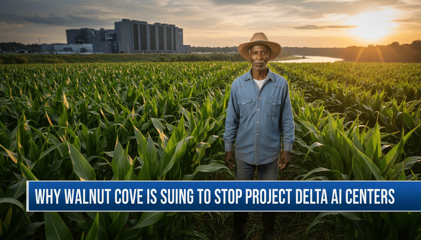 A cinematic, photorealistic editorial news shot of a dignified African American farmer standing in a lush, green agricultural field in North Carolina during the golden hour. In the background, the modern, industrial silhouette of a massive technology data center looms against a dramatic sky near the banks of a river. The composition is framed as a professional news broadcast. At the bottom of the frame, there is a sharp, high-contrast TV news lower-third banner in blue and white. The text on the banner is bold, legible, and reads exactly: "Why Walnut Cove is Suing to Stop Project Delta AI Centers". 8k resolution, documentary photography style, sharp focus on the subject and the text.