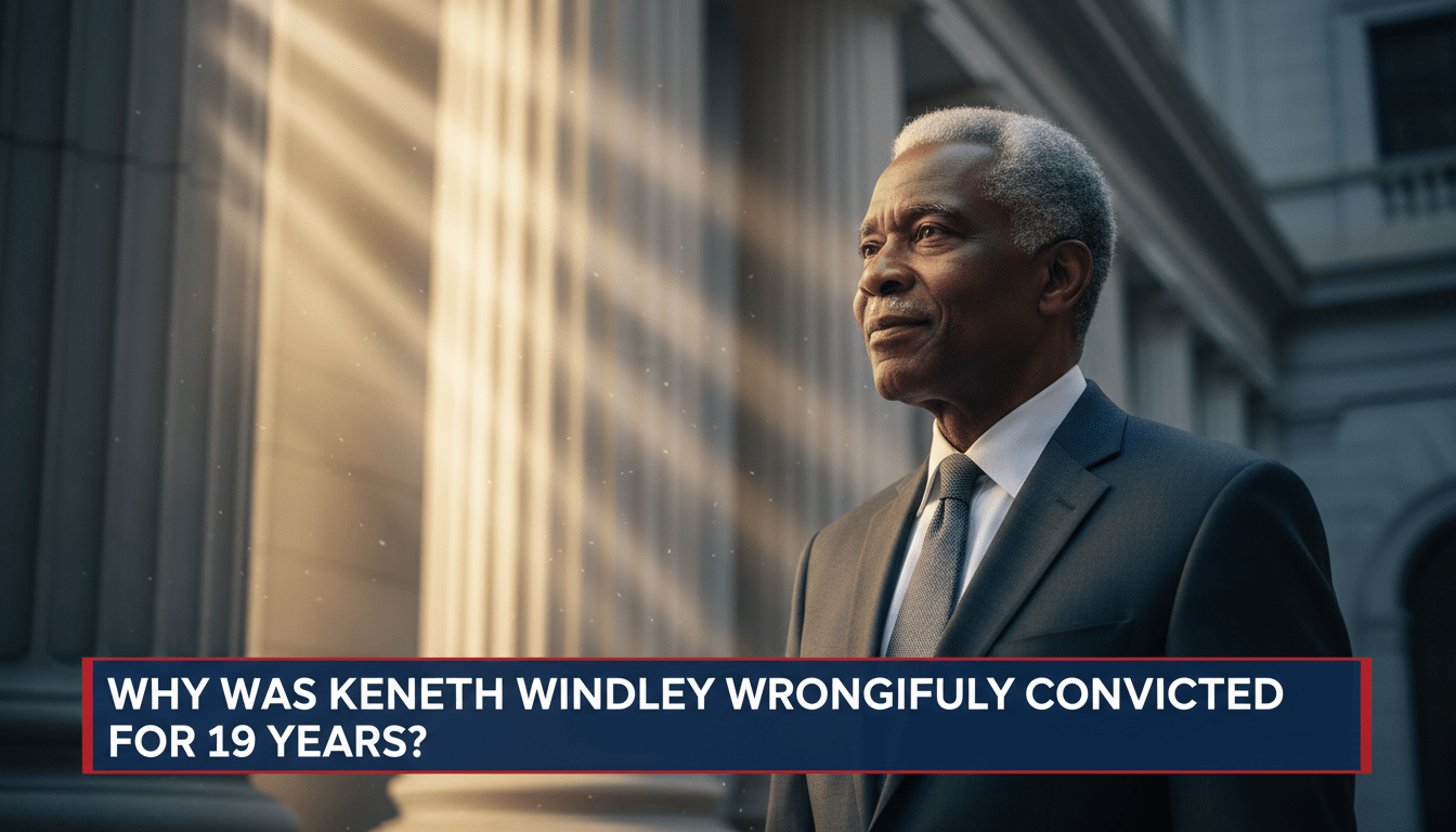 A cinematic, photorealistic editorial news illustration of a dignified African American man in his 60s with graying hair, wearing a suit and looking toward a bright light reflecting off the stone pillars of a courthouse. The scene is shot with a shallow depth of field, capturing a mood of solemn relief and the weight of nearly two decades passing. The background features the blurred architecture of a classic New York City courtroom. At the bottom of the frame is a professional, high-contrast TV news lower-third banner with bold, legible typography. The text on the banner reads exactly: "Why Was Kenneth Windley Wrongfully Convicted for 19 Years?"
