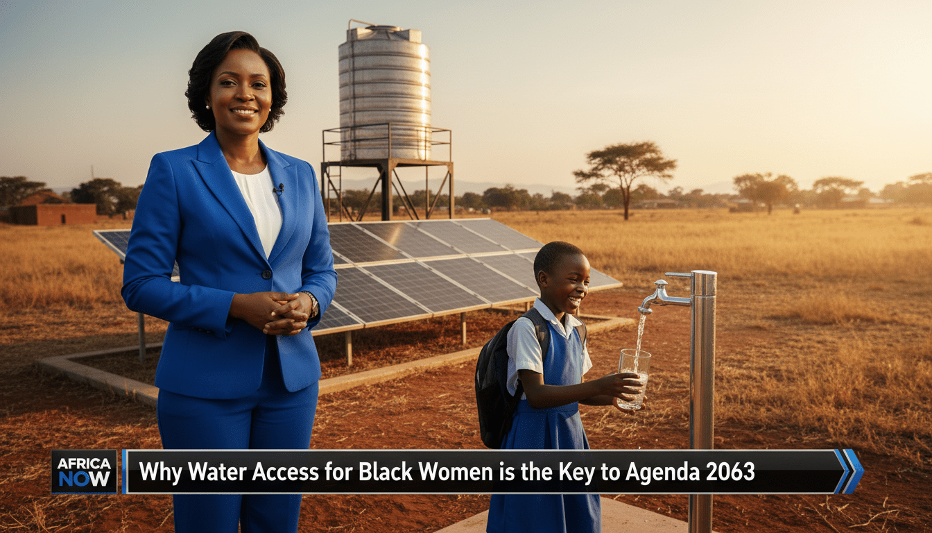 Cinematic, photorealistic news broadcast still. A dignified African woman in professional attire stands confidently in front of modern solar-powered water infrastructure in a sunlit African landscape. In the mid-ground, a young African girl in a clean school uniform joyfully fills a glass with clear water from a modern tap, symbolizing progress and education. The lighting is warm and hopeful, reflecting an editorial documentary style with high-detail textures. At the bottom of the image, there is a bold, high-contrast TV news lower-third banner with a sleek professional design. The banner features large, legible white text that reads: "Why Water Access for Black Women is the Key to Agenda 2063".