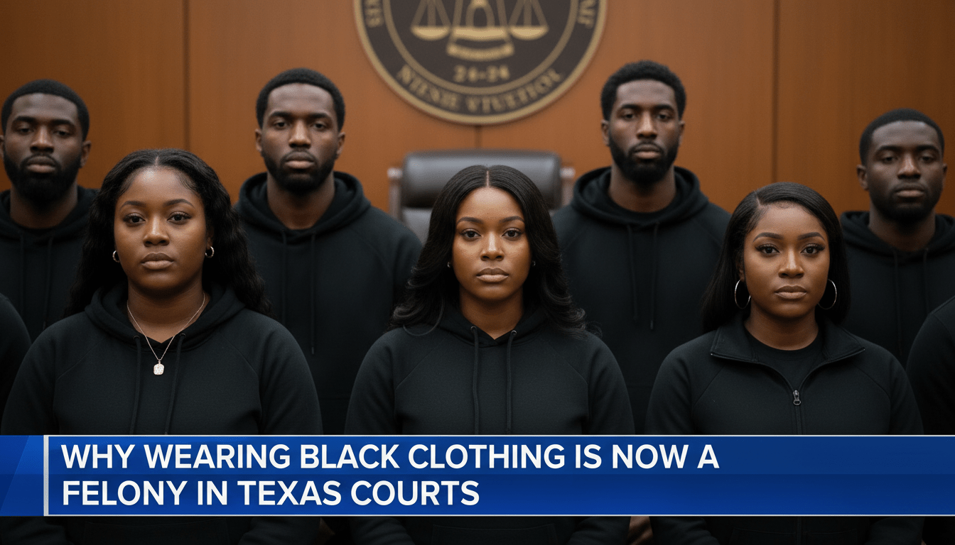A professional, cinematic TV news broadcast still. The scene depicts a diverse group of African American men and women standing in a somber, modern courtroom setting. They are all dressed in plain black hooded sweatshirts and t-shirts, looking forward with serious and resolute expressions. The lighting is dramatic, with high-contrast shadows emphasizing the textures of the black fabric. In the background, the blurred seal of a legal institution is visible on a wood-paneled wall. The bottom third of the frame features a sharp, professional digital news banner in a high-contrast blue and white color scheme. The text on the banner is bold, clear, and reads exactly: "Why Wearing Black Clothing is Now a Felony in Texas Courts". The overall image has the high-resolution, photorealistic quality of a national evening news lead-in graphic.