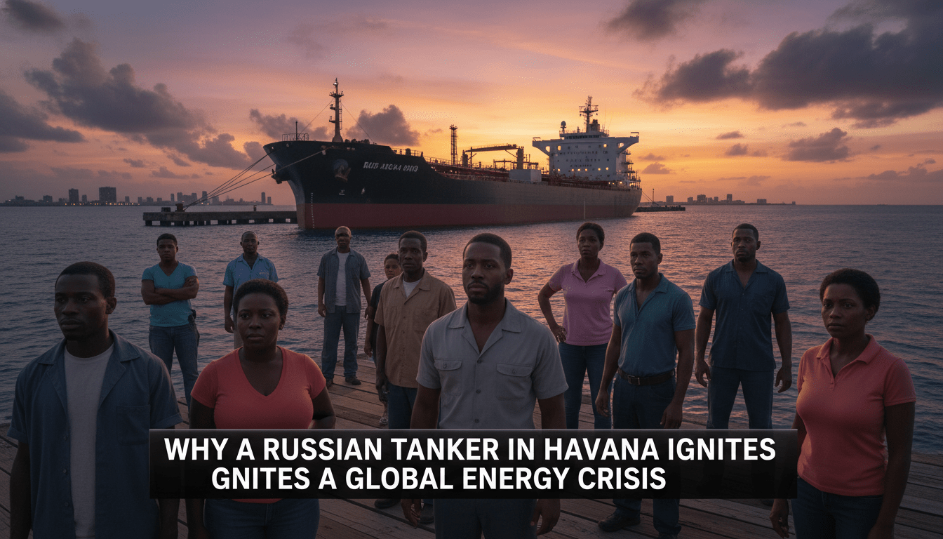 Cinematic, photorealistic news broadcast wide shot of a massive industrial oil tanker docked at the tropical port of Matanzas, Cuba, during the dim light of dusk. In the foreground, a group of Afro-Cuban residents and workers are seen on a pier, their expressions somber and resilient, reflecting the local demographic. The background features the silhouette of the Havana skyline with flickering, sparse city lights, suggesting an energy crisis. The composition is framed as a professional editorial news still. At the bottom of the frame, there is a bold, high-contrast TV-news style lower-third banner with a dark translucent background and sharp white lettering that reads exactly: "Why a Russian Tanker in Havana Ignites a Global Energy Crisis"