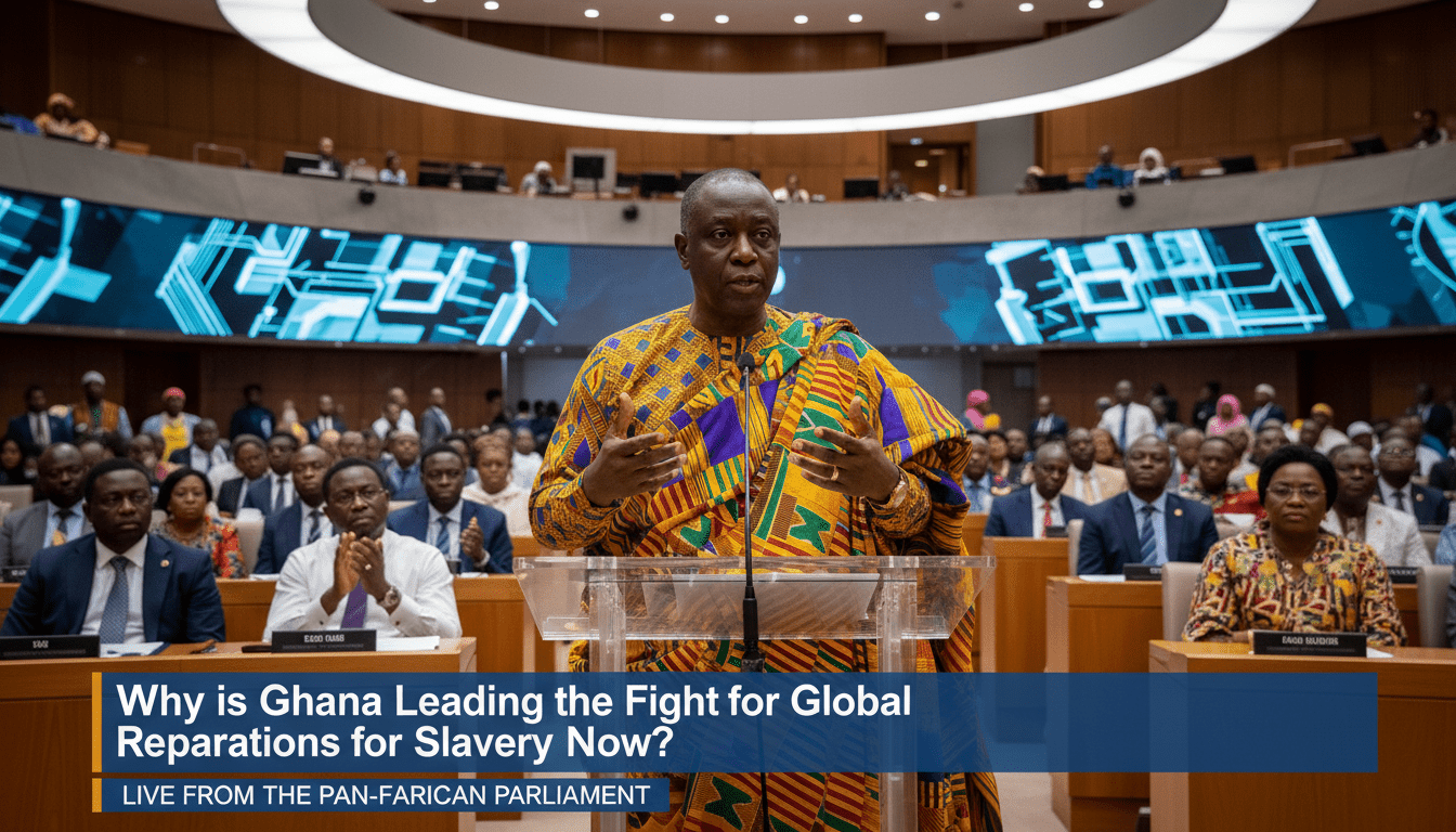 Cinematic, photorealistic editorial-style image of a dignified West African diplomat in traditional Kente attire speaking with gravitas at a sleek modern podium within a grand international assembly hall. In the soft-focus background, diverse African and Caribbean delegates listen intently, capturing a historic and solemn diplomatic moment. High-quality lighting, 8k resolution, news broadcast framing. Across the bottom of the screen is a bold, professional TV-news lower-third banner with high-contrast white text on a deep blue background that reads: "Why is Ghana Leading the Fight for Global Reparations for Slavery Now?"