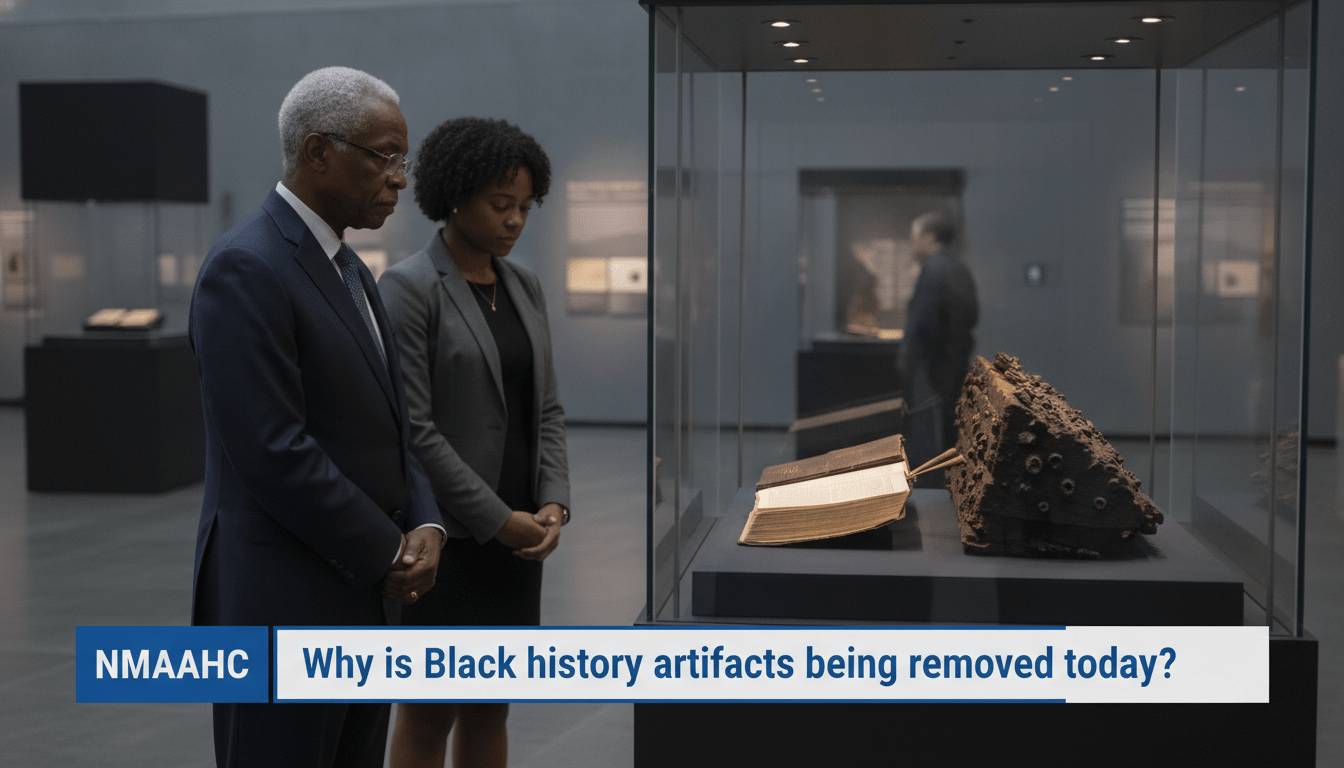 A cinematic, photorealistic editorial-style image set inside a modern museum of African American history. An elderly African American man and a young African American woman stand solemnly in front of a glass display case that is being partially dismantled. Inside the case, a weathered, historic Bible and a piece of dark, aged shipwreck timber are visible under dramatic, focused museum lighting. The atmosphere is quiet and contemplative, captured with a shallow depth of field. At the bottom of the frame, there is a bold, high-contrast TV news lower-third banner with a professional blue and white color scheme. The banner features the text "Why is the NMAAHC removing Black history artifacts today?" in a clean, legible, bold sans-serif font.