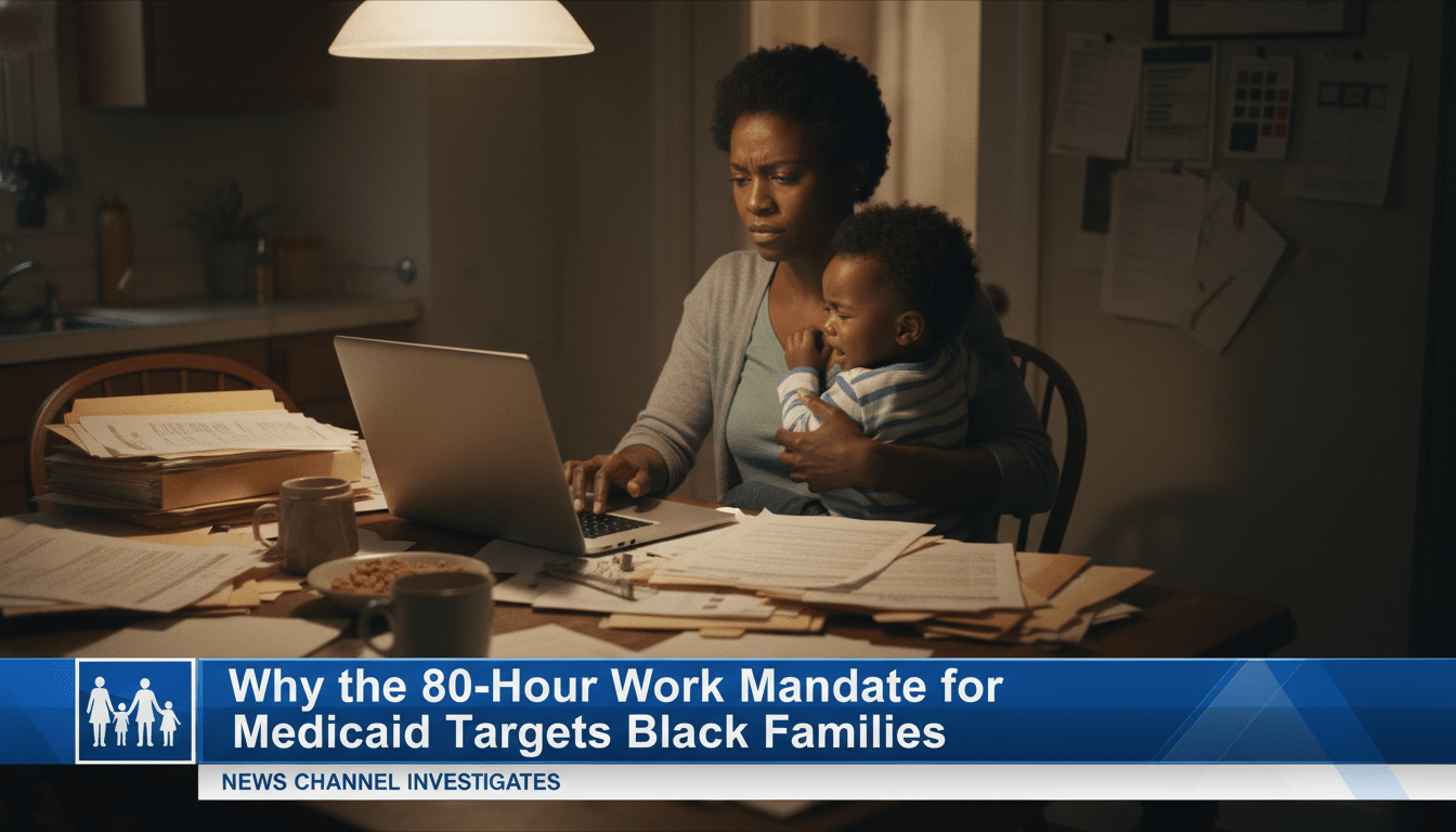 A cinematic, photorealistic editorial illustration of an African American mother sitting at a modest kitchen table late at night, looking stressed while balancing a crying toddler on her lap and navigating a laptop screen. The table is covered in a mountain of official-looking government forms, manila folders, and pay stubs, representing "weaponized red tape." The lighting is soft and moody, reflecting a serious news documentary aesthetic. In the bottom third of the image, there is a professional, high-contrast TV news lower-third banner with a bold blue and white graphic interface. The banner features crisp, legible text that reads exactly: "Why the 80-Hour Work Mandate for Medicaid Targets Black Families"