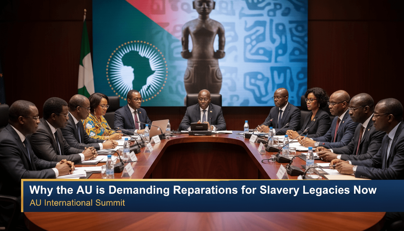A cinematic, photorealistic editorial scene set in a modern international assembly hall. A group of diverse African and African Diaspora diplomats and professionals, including men and women in dignified business attire, are seated at a curved mahogany table in a high-stakes meeting. The background features a large, blurred African Union flag and a digital screen showing a silhouette of a historical bronze artifact. The lighting is professional broadcast quality with a shallow depth of field. At the bottom of the frame, a bold TV-news style lower-third banner with a high-contrast dark blue and gold background features clear, legible white text that reads exactly: "Why the AU is Demanding Reparations for Slavery Legacies Now"