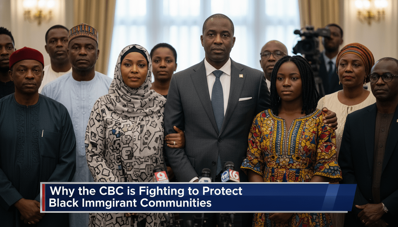 A cinematic, photorealistic editorial news shot of a diverse group of Black men and women, representing a mix of African and Caribbean heritage, standing together in a gesture of solidarity. The scene includes individuals reflecting East African and West Indian demographics, such as a woman in a stylish hijab and a man in a professional suit, representing a community of advocates and families. The setting is a blurred, high-end professional press room with soft, natural light filtering through large windows. At the bottom of the frame, there is a sharp, high-contrast TV news lower-third banner in a professional navy blue and silver design. The banner features bold, legible white text that reads exactly: "Why the CBC is Fighting to Protect Black Immigrant Communities".