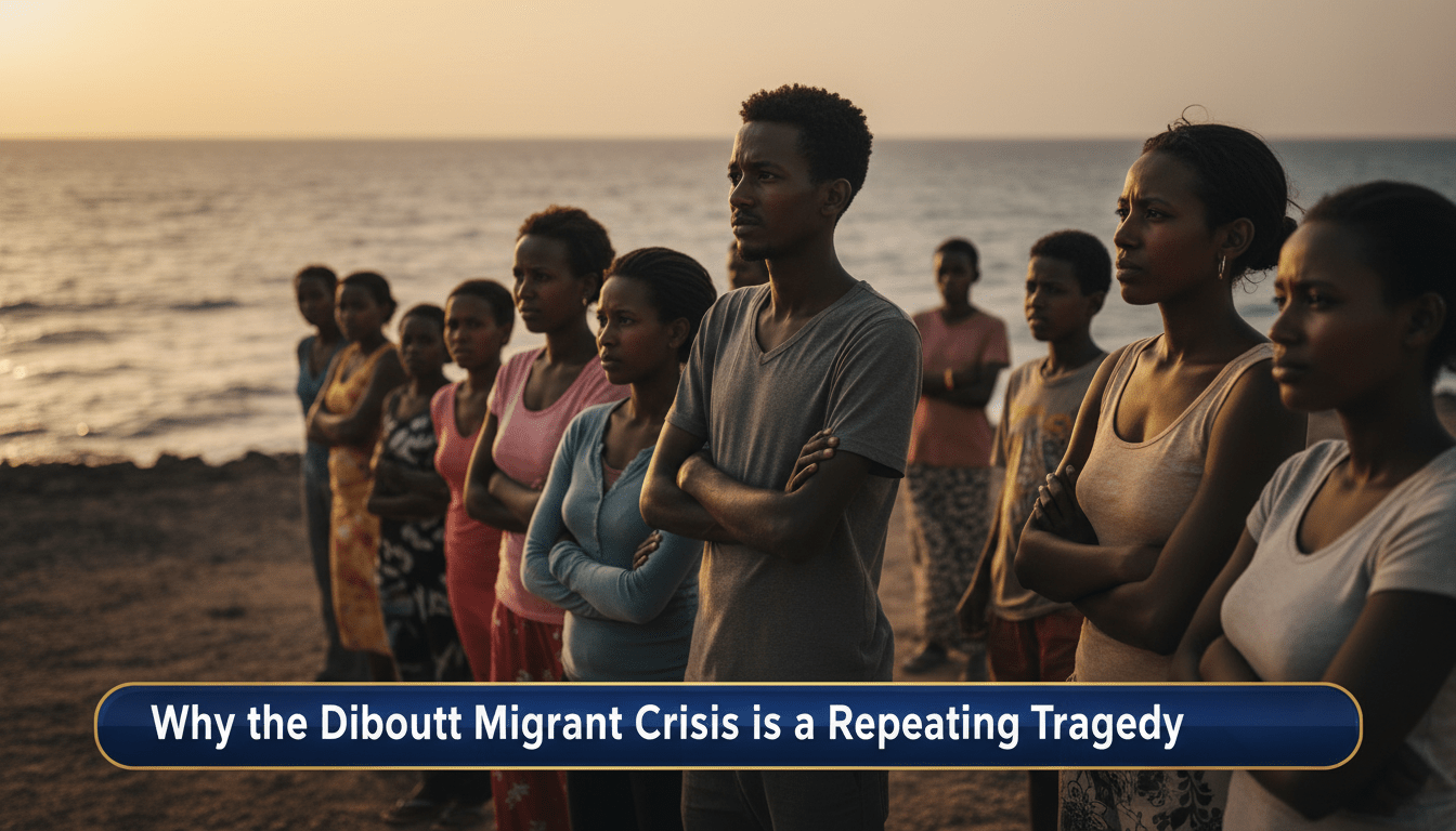 Cinematic, photorealistic editorial news illustration. A group of East African migrants, including men and women with Ethiopian features, standing on the rugged, sun-scorched coastline of Djibouti at twilight, looking out toward the vast, shimmering waters of the Bab el-Mandeb Strait. The atmosphere is solemn and contemplative, capturing a sense of enduring struggle. Professional news broadcast framing with a shallow depth of field and dramatic natural lighting. At the bottom of the image, there is a sleek, high-contrast TV news lower-third banner with a professional semi-transparent dark blue and gold background. The banner features bold, crisp white typography that reads exactly: "Why the Djibouti Migrant Crisis is a Repeating Tragedy".