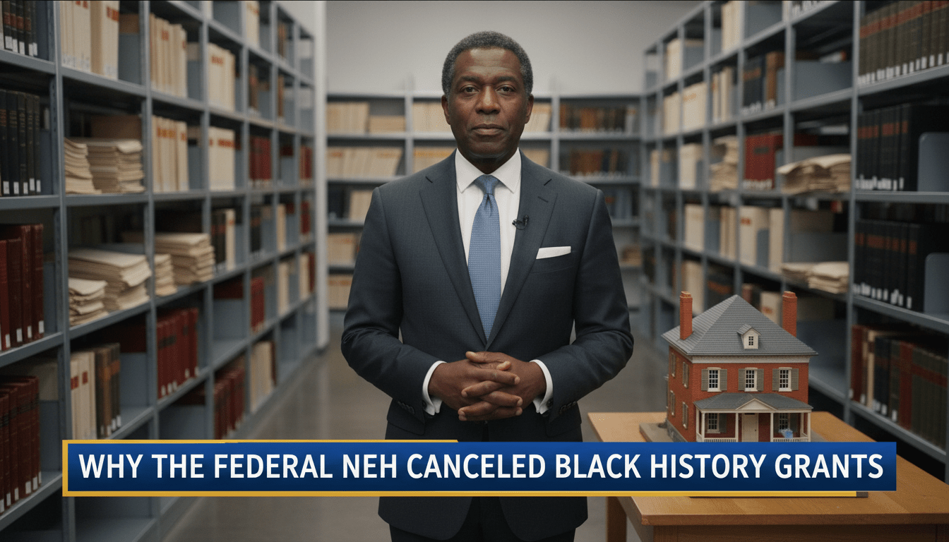 Cinematic, photorealistic editorial news shot of a professional African American male historian standing in a modern archival library, surrounded by shelves of historical records and a scale model of a 19th-century brick house. The lighting is soft and professional, mimicking a high-end news broadcast interview. In the foreground, a sharp, bold TV-news style lower-third banner is layered across the bottom of the frame. The banner is high-contrast with a professional blue and gold color scheme. The text on the banner is large, bold, and reads exactly: "Why the Federal NEH Canceled Black History Grants". High resolution, 8k, broadcast quality.