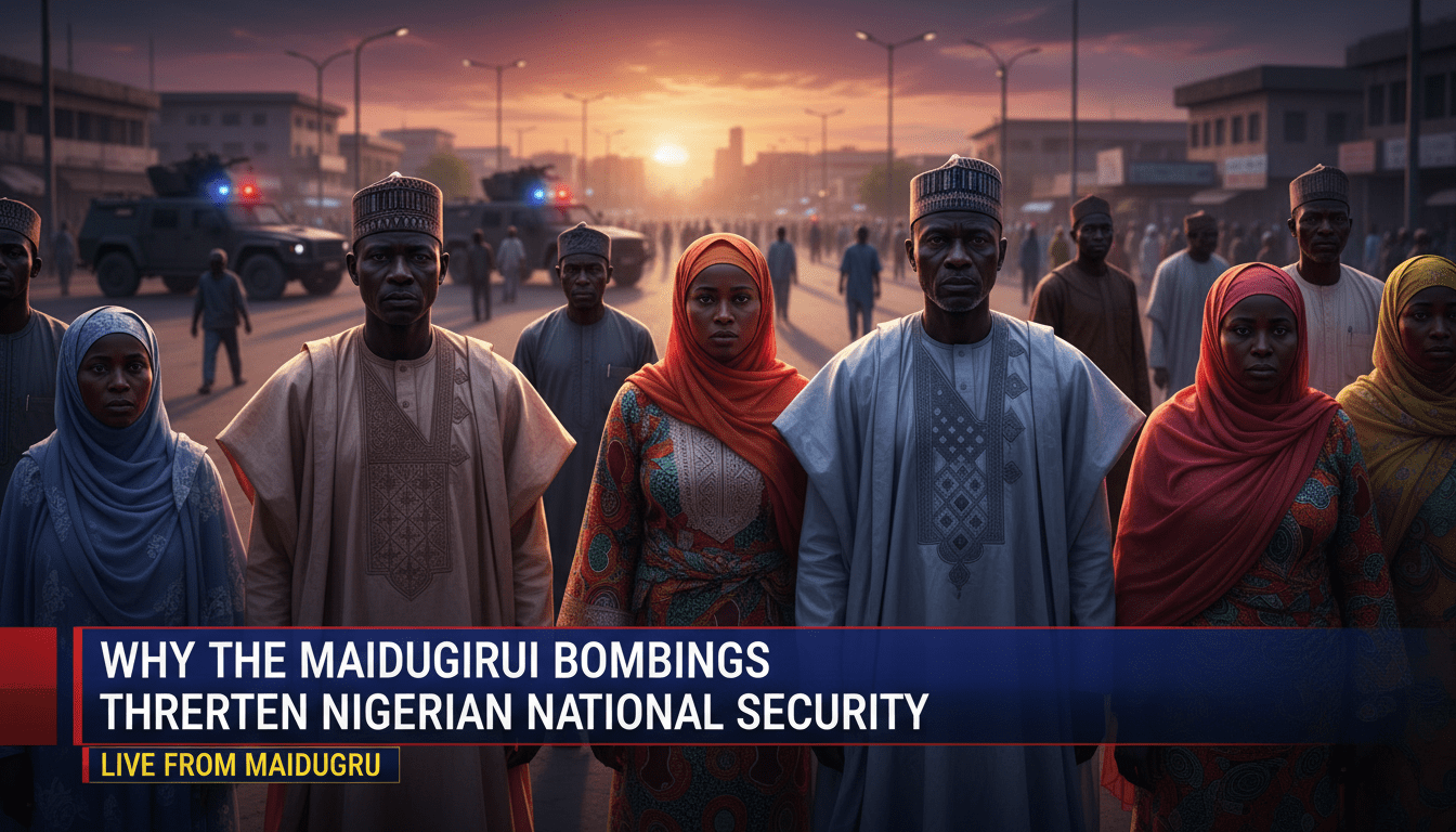 Editorial news broadcast style illustration. A cinematic, photorealistic scene of a bustling but somber city street in Maiduguri, Nigeria. The foreground features a group of Nigerian men and women in traditional West African attire, such as agbadas and hijabs, standing together with expressions of solemnity and resilience. In the softly blurred background, generic security vehicles with flashing lights parked near a public plaza indicate a heightened state of alert. The lighting is low-angle late afternoon sun, casting long shadows and creating a moody, high-stakes atmosphere. At the bottom of the frame, there is a bold, professional TV news lower-third graphic banner with high-contrast text that reads: "Why the Maiduguri Bombings Threaten Nigerian National Security".