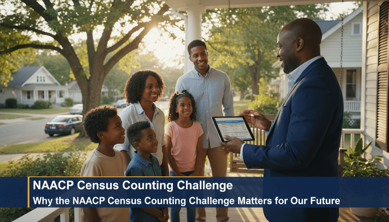 Cinematic, photorealistic editorial news shot of a dignified African American community leader holding a digital tablet and talking to an African American family on the front porch of their home. The scene is lit with warm, natural afternoon sunlight, capturing a sense of civic engagement and community importance. In the background, a leafy residential street is softly blurred to create a professional broadcast depth of field. The image features a bold, professional TV-news style lower-third banner at the bottom. The banner is high-contrast navy blue with a gold accent line, featuring crisp, white, bold sans-serif text that reads exactly: "Why the NAACP Census Counting Challenge Matters for Our Future". High-quality 8k resolution, news broadcast aesthetic.