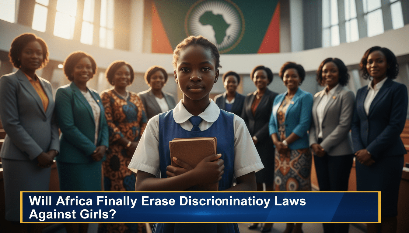 A cinematic, photorealistic editorial news shot depicting a hopeful future for African youth. In the center, a young African girl in a neat school uniform holds a textbook, looking forward with a confident expression. Behind her, a diverse group of professional African women—representing diplomats and legal experts in modern and traditional attire—stand in a bright, contemporary assembly hall. The lighting is warm and optimistic, utilizing a shallow depth of field to focus on the girl's face. The background subtly features the African Union flag and architectural elements of an international summit. Across the bottom of the frame, a professional, high-contrast TV news lower-third banner in deep blue and gold features bold white text that reads exactly: "Will Africa Finally Erase Discriminatory Laws Against Girls?"