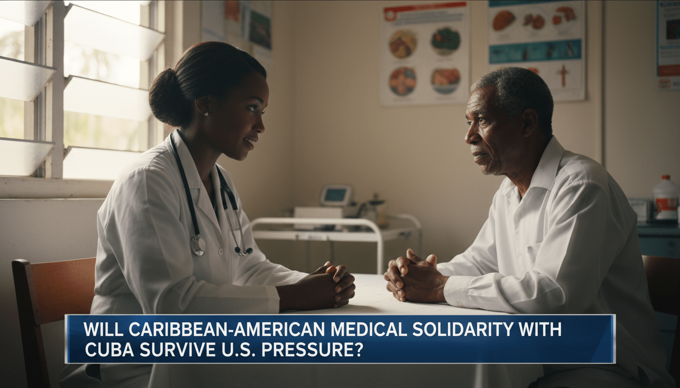 A cinematic, photorealistic editorial-style news shot depicting a healthcare scene in the Caribbean. In a clean, sunlit rural medical clinic, a professional Afro-Caribbean female doctor in a white lab coat and stethoscope is consulting with an elderly Caribbean man. The background shows a soft-focus medical setting with health posters and equipment, reflecting a community-based healthcare environment. The lighting is natural and the mood is somber yet professional. At the bottom of the frame, a bold, high-contrast TV news lower-third graphic is overlaid on a sleek blue and silver banner. The text on the banner reads exactly: "Will Caribbean-American Medical Solidarity with Cuba Survive U.S. Pressure?"