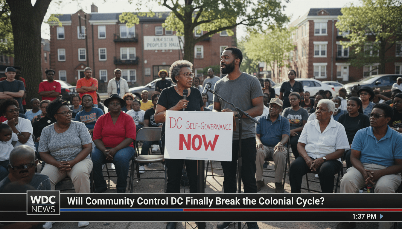 Cinematic editorial news broadcast shot of a diverse group of African American community members, including elders and young adults, gathered for a neighborhood assembly in an urban Southeast Washington D.C. setting. The scene is professional and serious, showing residents engaged in a focused discussion about local governance and self-determination. In the background, city architecture and a community center are visible in soft focus. The lighting is bright and natural, reflecting a hopeful yet determined atmosphere. At the bottom of the frame, there is a professional, high-contrast TV news lower-third graphic banner with a clean, modern design. The text on the banner is bold and clearly legible, reading exactly: "Will Community Control DC Finally Break the Colonial Cycle?"