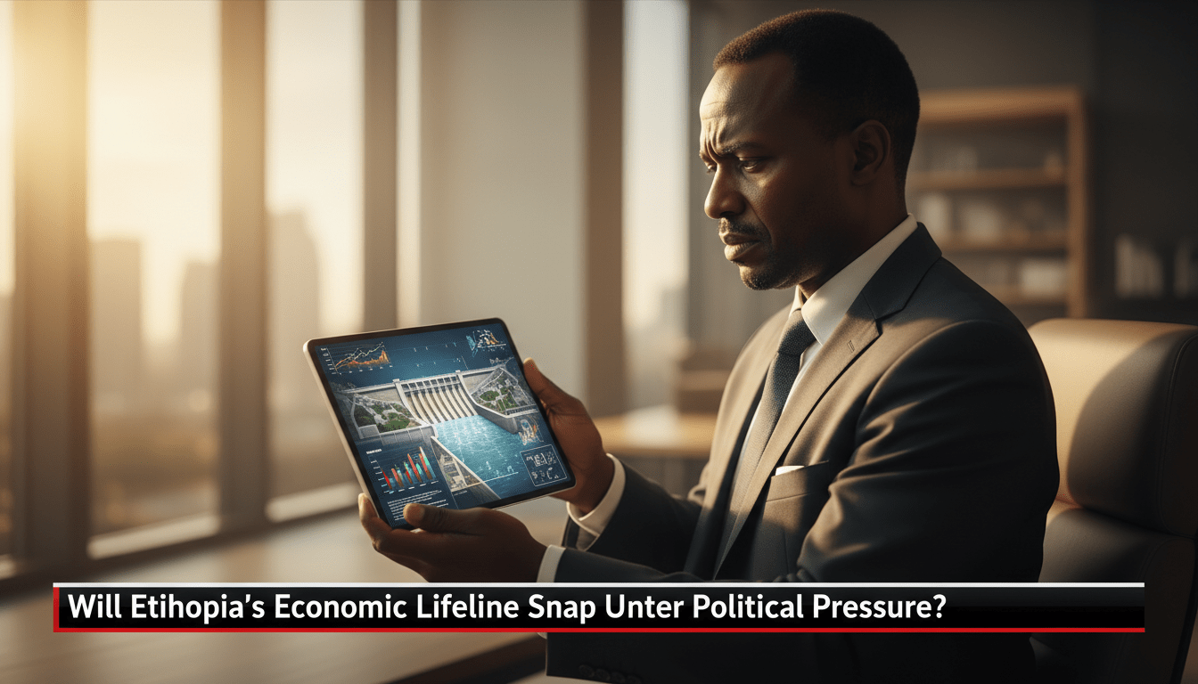 A cinematic, photorealistic editorial news illustration featuring a professional East African man in a modern, sunlit setting, looking with concern at a digital tablet displaying architectural renderings of a large hydroelectric dam and economic data. The composition uses news broadcast style framing with a shallow depth of field. Across the bottom of the image is a bold, high-contrast TV-news lower-third banner. The text on the banner reads exactly: "Will Ethiopia’s Economic Lifeline Snap Under Political Pressure?" The lighting is dramatic and professional, emphasizing a mood of serious geopolitical tension.