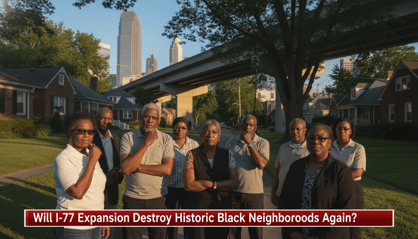 A cinematic, photorealistic news broadcast still depicting a group of concerned African American residents, including elders and young adults, standing in a historic neighborhood characterized by well-maintained mid-century homes and mature trees. In the background, the looming gray concrete structure of a massive highway overpass rises, juxtaposed against a distant, gleaming modern city skyline. The lighting is a dramatic late afternoon sun, creating a solemn and reflective mood. The image includes a professional, high-contrast TV news lower-third banner at the bottom. The text on the banner is bold, legible, and reads exactly: "Will I-77 Expansion Destroy Historic Black Neighborhoods Again?". Editorial photography style, 8k resolution, sharp focus.