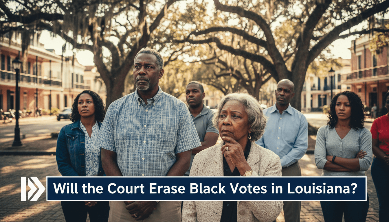 A cinematic, photorealistic editorial news illustration of a diverse group of African American citizens, including a middle-aged man and an elderly woman, standing thoughtfully in a sunlit Louisiana town square with historic oak trees in the soft-focus background. The framing is a medium-wide shot in the style of a professional television news broadcast. At the bottom of the screen is a bold, high-contrast TV news lower-third graphic bar with a professional navy blue and white color scheme. On this banner, the text is written in a clear, bold, white sans-serif font and reads exactly: "Will the Court Erase Black Votes in Louisiana?"