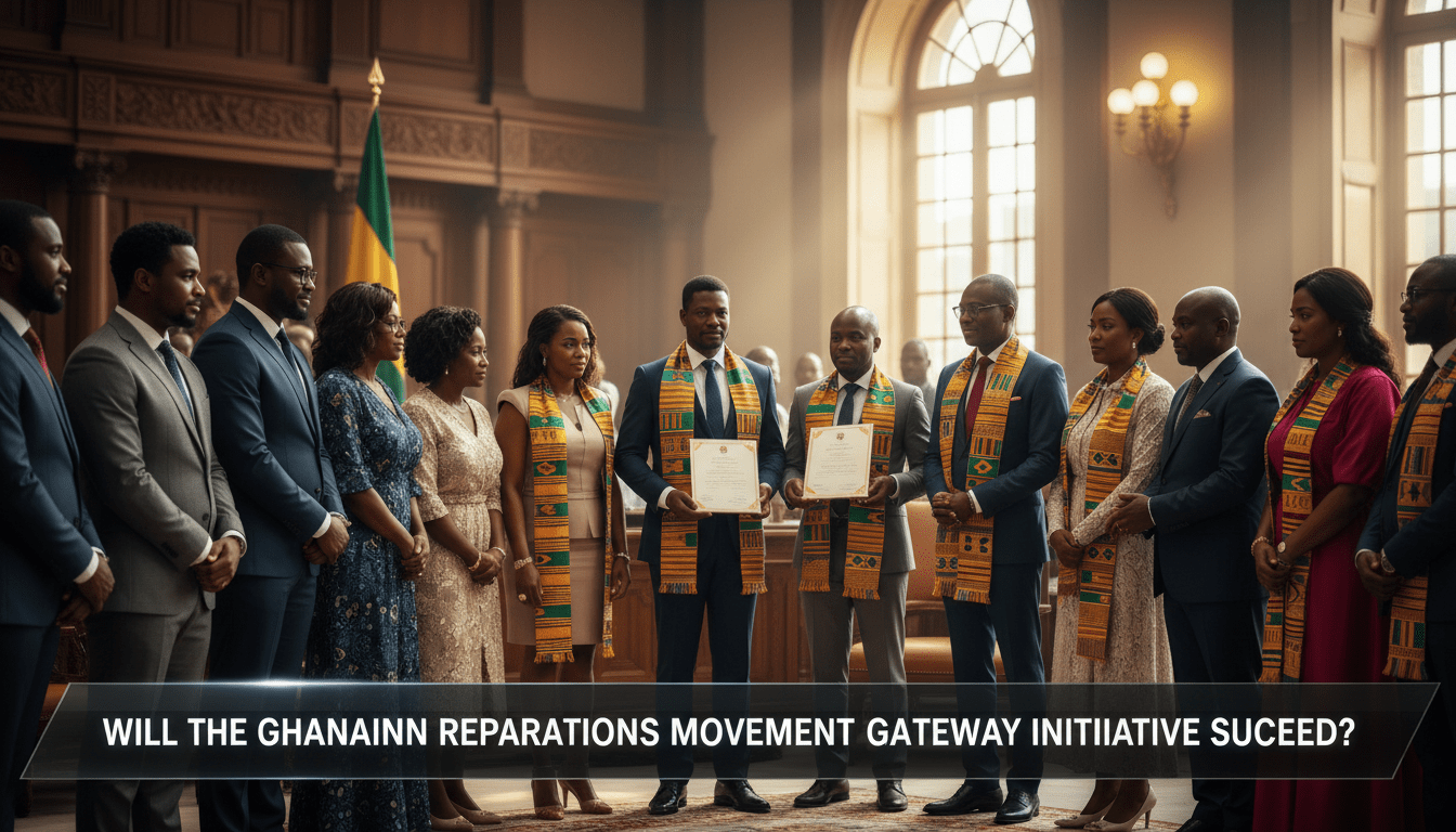 Cinematic, photorealistic editorial news shot of a historic ceremony in Accra, Ghana. The scene features a group of African American and Afro-Caribbean men and women standing with Ghanaian officials in a dignified, sunlit governmental hall. Some individuals are being presented with official documents and traditional Kente stoles, symbolizing the "Right of Return" and the granting of citizenship. The atmosphere is solemn and momentous, reflecting a landmark shift in global justice. The background shows professional architectural details and a blurred Ghanaian flag. At the bottom of the frame, there is a professional, bold TV-news style lower-third banner with high-contrast white text on a dark, sleek background. The text on the banner reads exactly: "Will the Ghanaian Reparations Movement Gateway Initiative Succeed?".