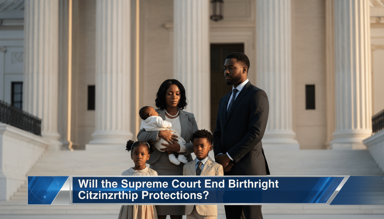 A cinematic, photorealistic editorial news photograph featuring a young African American and Haitian-American family—a father, a mother holding an infant, and a young child—standing in a thoughtful, solemn pose in front of the iconic marble columns of the U.S. Supreme Court. The scene is captured with shallow depth of field, focusing on the family's dignified expressions against the grand architecture. The lighting is a soft, natural morning glow, evoking a sense of historical weight. In the lower third of the frame, there is a professional, high-definition TV news broadcast banner with a sleek blue and silver graphic design. The banner features bold, high-contrast, legible white text that reads exactly: "Will the Supreme Court End Birthright Citizenship Protections?"