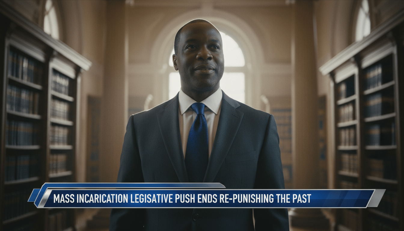 Cinematic editorial photography of a dignified African American man in professional attire standing in a sunlit, high-ceilinged legal library or statehouse corridor. He has a look of focused determination and hope. The background is softly blurred with rows of law books and neoclassical architecture, emphasizing a news broadcast style. In the lower third of the frame, there is a professional, high-contrast TV news banner with a sleek blue and silver design. The banner features bold, legible white text that reads exactly: "Mass Incarceration Legislative Push Ends Re-Punishing the Past". Photorealistic, 8k resolution, shallow depth of field, dramatic lighting.