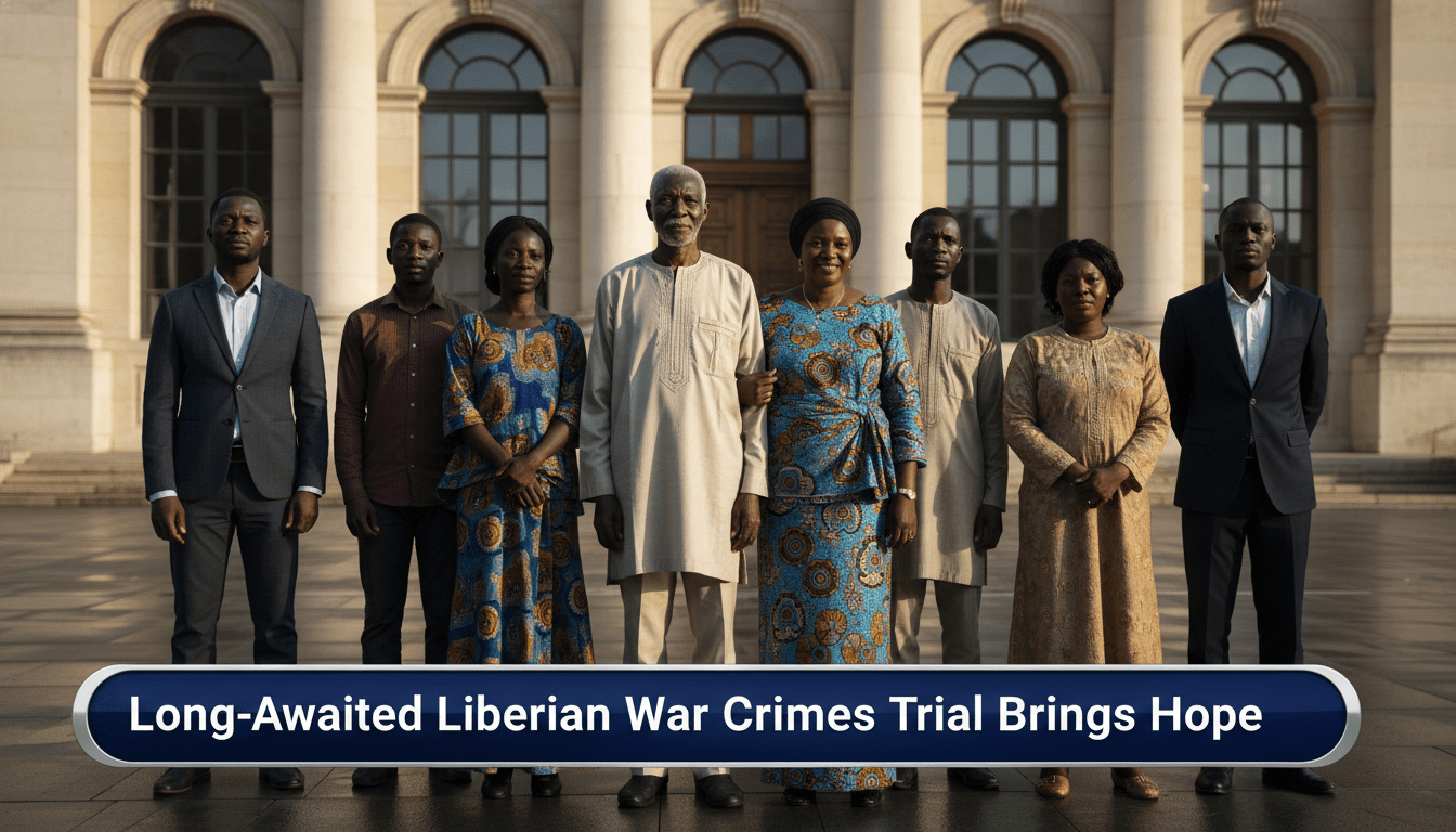 A cinematic, photorealistic editorial news photograph of a group of West African survivors, including a dignified elderly man and a woman in traditional Liberian attire, standing together with hopeful expressions in front of a grand, neoclassical European courthouse with large stone pillars. The scene is captured in the warm, soft light of early morning, symbolizing a new beginning. The framing is a medium-wide shot with the sharp, clean aesthetic of a high-end news broadcast. At the bottom of the image, there is a professional, high-contrast TV news lower-third banner in navy blue and silver. On the banner, the text in a bold, clean white sans-serif font reads exactly: "Long-Awaited Liberian War Crimes Trial Brings Hope"