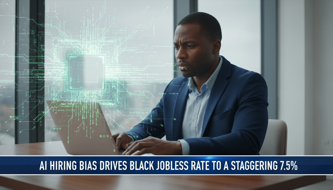 Editorial news broadcast still, cinematic photorealistic quality. An African American professional man in his 30s, dressed in business-casual attire, sits in a modern, brightly lit home office with a pensive and concerned expression while looking at a laptop screen. Superimposed over the background is a subtle, glowing digital overlay of abstract data streams and complex binary code, representing a "black box" algorithm. The camera framing is a medium shot with a shallow depth of field, focusing on the man's expression of resilience despite economic hardship. At the bottom of the frame, there is a professional, high-contrast TV news lower-third banner in navy blue and white. The bold, legible text on the banner reads exactly: "AI Hiring Bias Drives Black Jobless Rate to a Staggering 7.5%". The lighting is soft and cinematic, characteristic of a high-end news documentary.