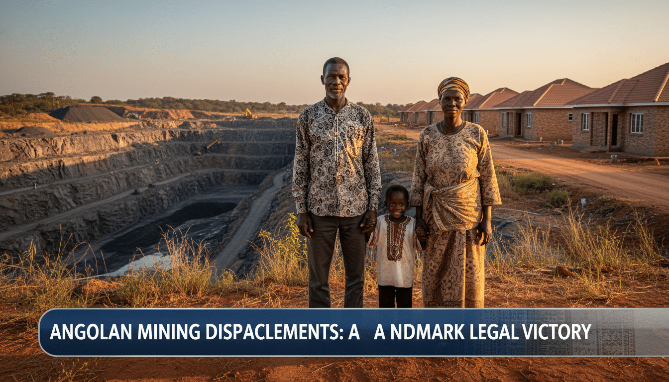 A cinematic, photorealistic editorial news photograph of a dignified Angolan family—a man, woman, and child—standing on their ancestral land in the Huíla province. In the background, the scene shows a striking contrast: a deep, massive black granite quarry on one side and a row of newly constructed, sturdy brick houses on the other. The lighting is the golden hour of sunset, highlighting the textures of the rocky Angolan landscape. The framing is a wide broadcast-style shot, capturing a sense of resilience and triumph. At the bottom of the frame, there is a professional, high-contrast TV news lower-third banner in navy blue and silver with bold white legible text that reads: "Angolan Mining Displacements: A Landmark Legal Victory".
