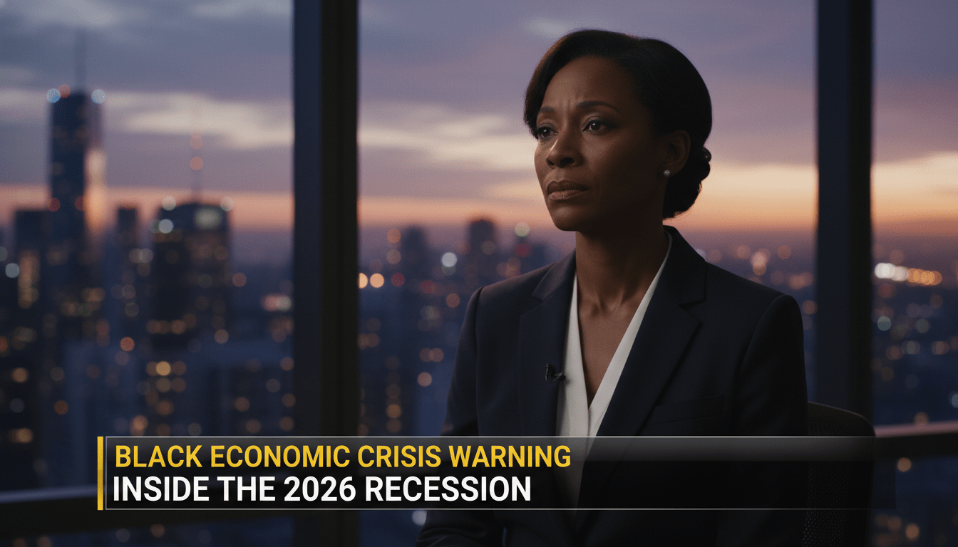 A cinematic, photorealistic news broadcast still featuring a professional African American woman in her 40s looking concerned and contemplative in a modern office setting. She is dressed in business attire, looking out toward a bustling city skyline at twilight. The mood is somber and serious, reflecting a period of economic uncertainty. At the bottom of the frame, there is a high-contrast, professional TV news lower-third banner with bold white and yellow text on a sleek, dark translucent background. The text on the banner reads exactly: "Black Economic Crisis Warning: Inside the 2026 Recession". The image has an editorial, high-quality documentary feel with a shallow depth of field and sharp focus on the subject.
