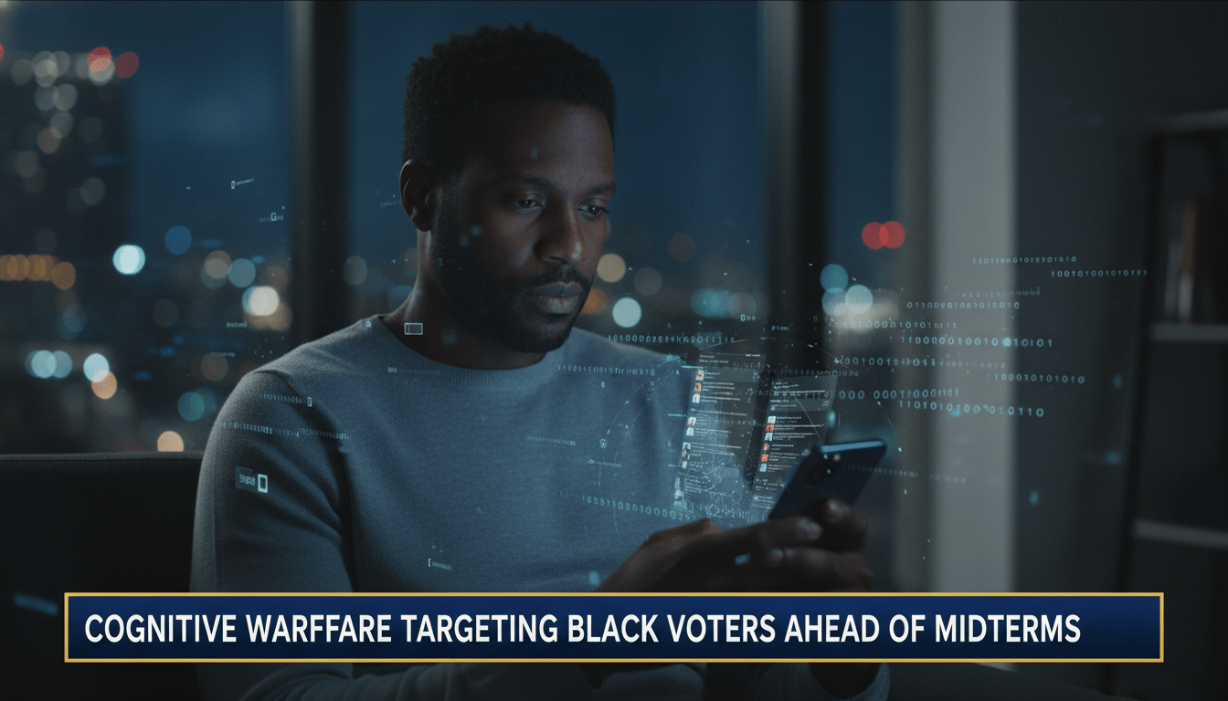 A cinematic, photorealistic editorial news shot of a thoughtful African American man in his 30s looking at a smartphone in a dimly lit, modern setting. His face is partially illuminated by the blue light of the screen, which shows various social media interfaces. Subtle, translucent digital data streams and binary code overlays float in the air around him, symbolizing the invisible nature of cognitive influence. The background is a softly blurred urban apartment at night. At the bottom of the frame, there is a professional, high-contrast TV news lower-third banner in navy blue and gold. The banner features bold, legible white text that reads exactly: "Cognitive Warfare Targeting Black Voters Ahead of Midterms". The image has the sharp focus and high-end lighting of a professional broadcast news package, 8k resolution.