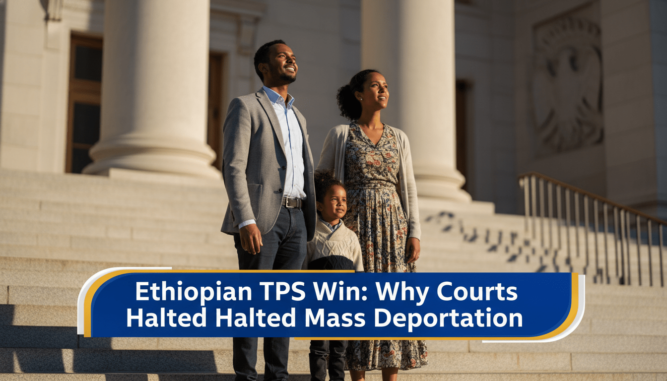 A photorealistic editorial news shot of a relieved Ethiopian family—a father, mother, and child—standing together on the sunlit steps of a grand federal courthouse. The scene is captured in a cinematic broadcast style with a shallow depth of field. The family, representing the Ethiopian diaspora, is dressed in modern professional and casual attire, looking toward the horizon with expressions of hope and relief. In the lower third of the frame, there is a professional, high-contrast TV news graphic banner with a bold blue and gold accent. On this banner, the text is clearly legible in a bold, white, sans-serif font, reading exactly: "Ethiopian TPS Win: Why Courts Halted Mass Deportation".