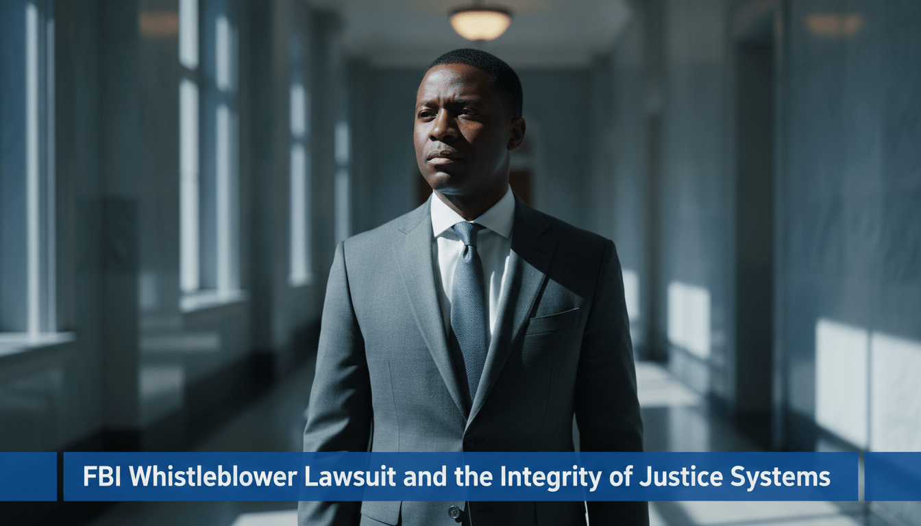 A cinematic, photorealistic editorial news image. In the center, a serious African American man in a professional charcoal suit stands in a modern, cold-toned government corridor with marble pillars and dramatic lighting. He has a solemn, resolute expression as he looks into the distance, representing a whistleblower seeking justice. The background is slightly out of focus to create a shallow depth of field. At the bottom of the frame, there is a bold, professional TV news lower-third banner in high-contrast blue and white. The text on the banner reads exactly: "FBI Whistleblower Lawsuit and the Integrity of Justice Systems". The overall aesthetic is that of a high-budget national news broadcast, sharp focus, 8k resolution.