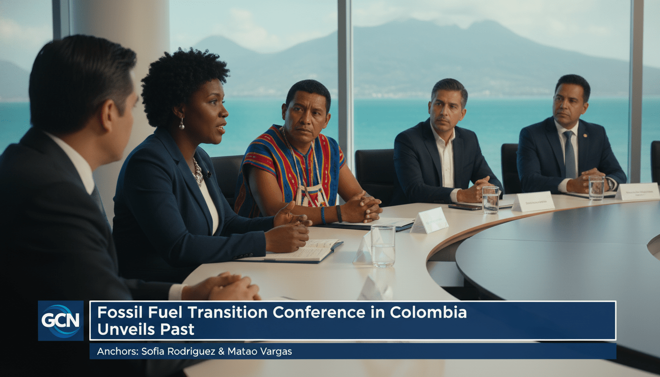 A photorealistic news broadcast scene featuring a diverse panel of professional environmental leaders, including an Afro-Colombian woman in a business suit and an Indigenous Wayuu man in traditional woven attire, engaged in a serious discussion at a modern summit. The setting is a sun-lit, high-end conference hall in the coastal city of Santa Marta, Colombia, with large windows in the background showing the Caribbean coastline and silhouettes of the Sierra Nevada mountains. The lighting is cinematic and professional, with a shallow depth of field. At the bottom of the frame, there is a bold, high-contrast TV-news style lower-third banner in deep blue and white. The banner features crisp, legible white text that reads: "Fossil Fuel Transition Conference in Colombia Unveils Past".