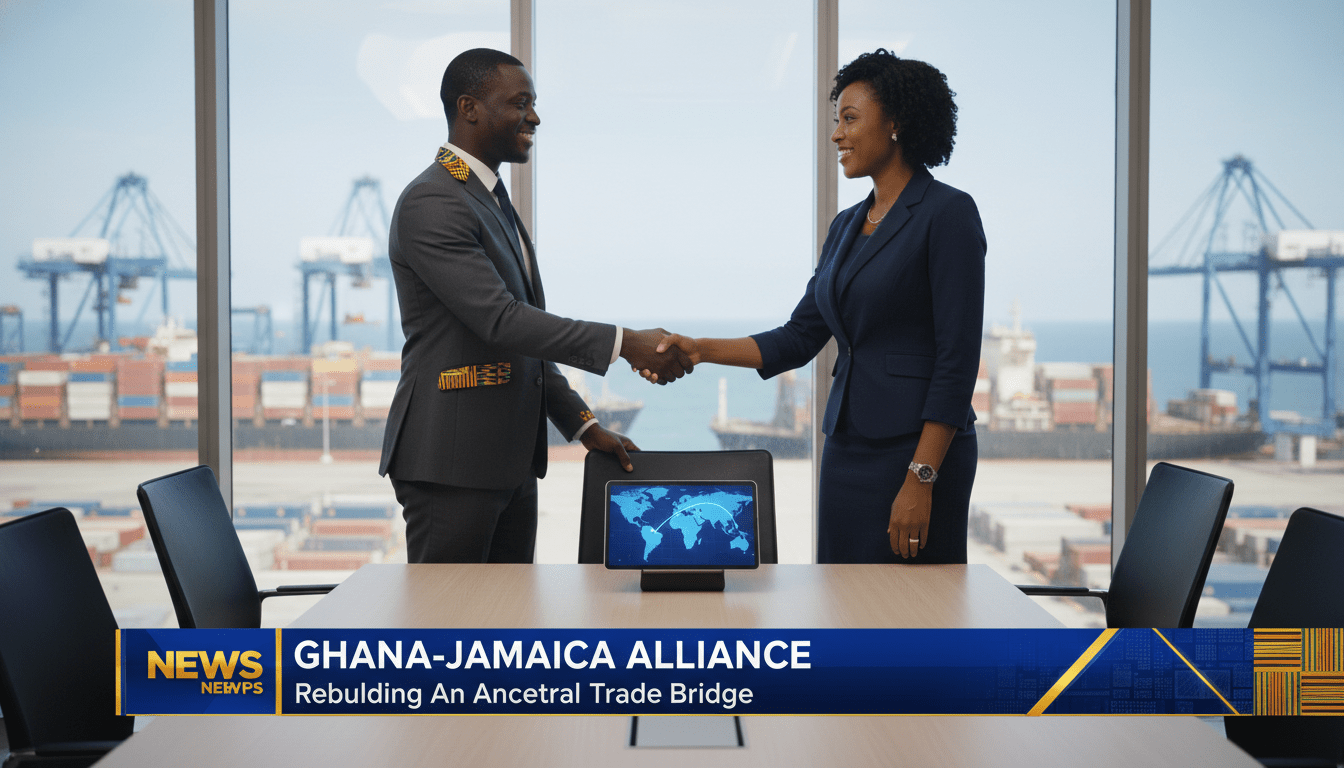 A cinematic, photorealistic TV news broadcast still depicting a professional meeting between a West African man and a Caribbean woman in a modern, sunlit corporate office. Through the large glass windows in the background, a busy international shipping port is visible with large cargo vessels and cranes, symbolizing a trade bridge across the Atlantic. The man is wearing a modern suit with subtle Kente cloth accents, and the woman is in professional business attire. They are standing near a table with a digital tablet displaying a map connecting Ghana and Jamaica. The lighting is bright and editorial. At the bottom of the frame is a bold, high-contrast TV-news style lower-third banner with a sleek blue and gold graphic design. The text on the banner reads exactly: "Ghana-Jamaica Alliance: Rebuilding An Ancestral Trade Bridge".