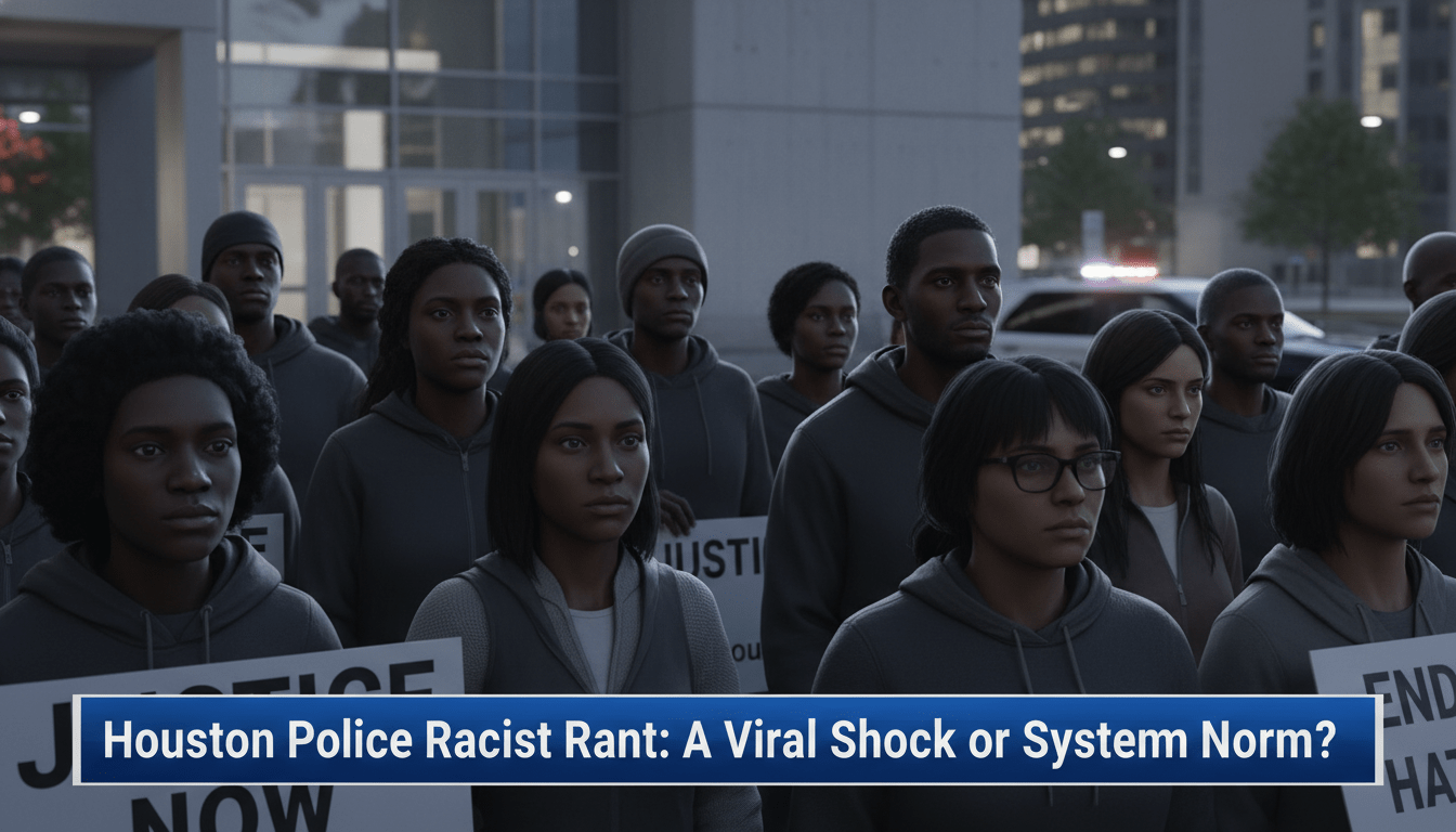 A cinematic, photorealistic news-style illustration capturing a diverse group of African American and Latino community members gathered in front of a modern municipal building in Houston. The atmosphere is solemn and serious, reflecting a moment of intense public concern. In the background, the soft bokeh of city lights and the silhouette of a generic police cruiser with its lights off suggest a city in reflection. The framing is an editorial medium shot with professional broadcast lighting. At the bottom of the frame is a bold, high-contrast TV news lower-third banner in blue and white. The text on the banner reads exactly: "Houston Police Racist Rant: A Viral Shock or Systemic Norm?".