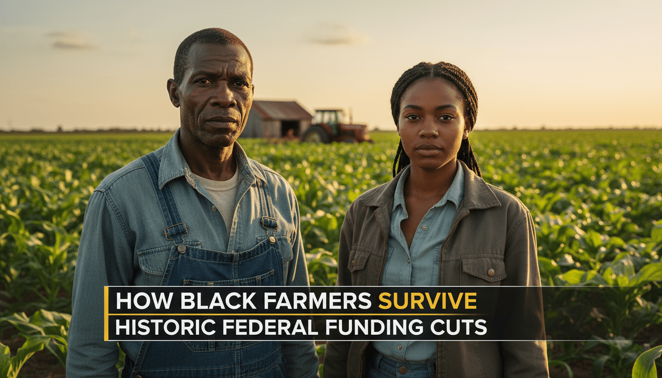 A cinematic, photorealistic editorial news photograph of a seasoned African American farmer and a young African American woman standing together in a lush, green field in rural Mississippi. The lighting is the warm, golden hour of sunset, highlighting the texture of the soil and crops. They are looking forward with expressions of resilience and determination, representing community mentorship and self-reliance. In the background, a tractor and a farm structure are visible in soft focus. At the bottom of the image, a professional, high-contrast TV-news lower-third graphic banner is overlaid with bold, legible white and yellow typography that reads: "How Black Farmers Survive Historic Federal Funding Cuts".