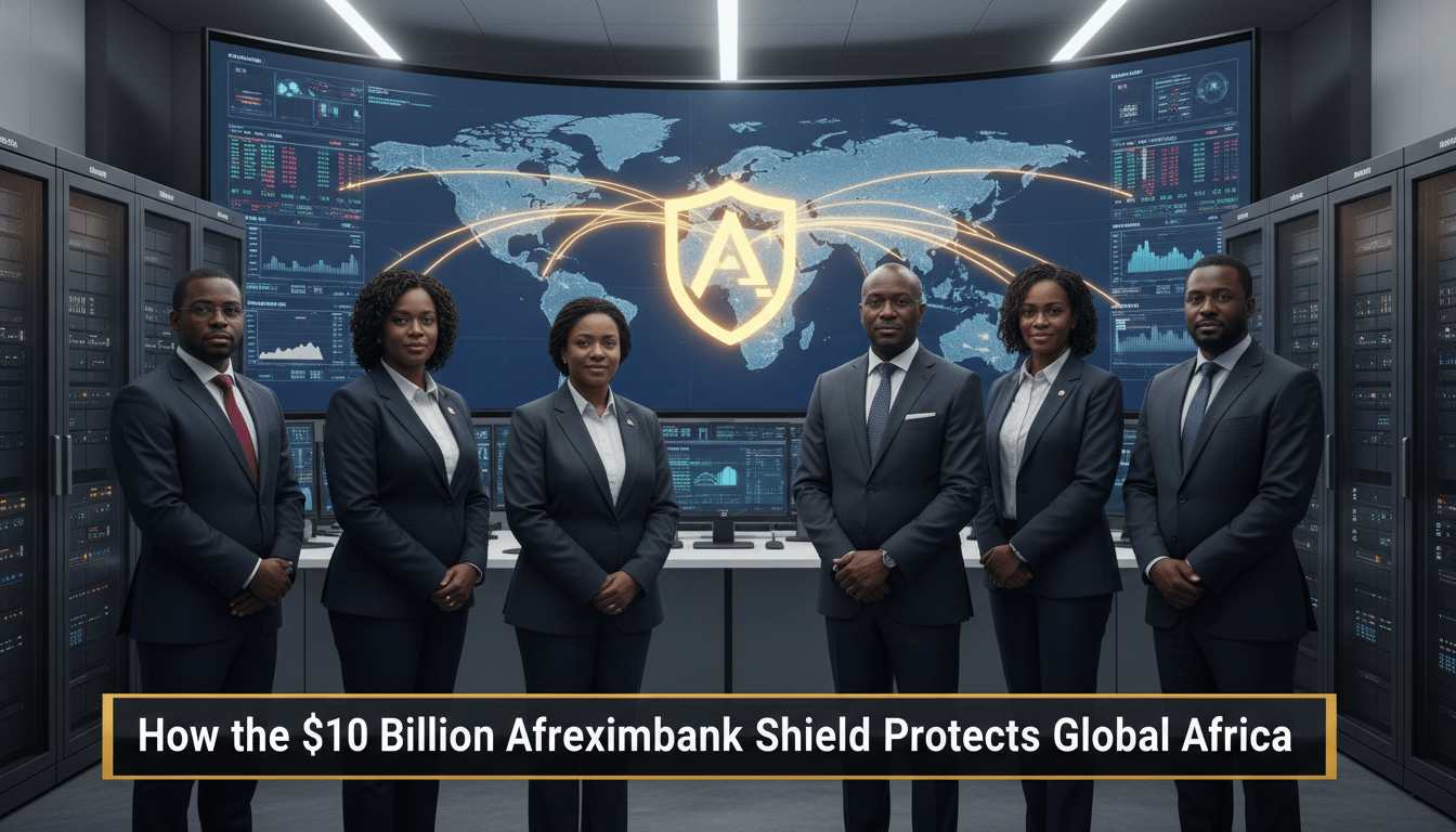 Editorial, photorealistic news broadcast scene. A diverse group of African and Caribbean professionals—representing financial leaders and trade experts—standing before a large, high-tech digital display in a modern financial command center. The display shows a stylized map of the Atlantic Ocean with a glowing golden shield icon protecting the trade routes connecting Africa and the Caribbean islands. Cinematic lighting, sharp focus, and a professional newsroom atmosphere. The image includes a bold, high-contrast TV news lower-third banner at the bottom with a dark background and crisp white lettering that reads exactly: "How the $10 Billion Afreximbank Shield Protects Global Africa".