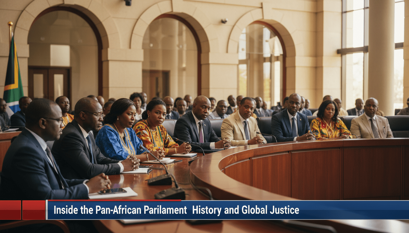 A cinematic, photorealistic news broadcast scene inside a modern, sunlit parliamentary chamber in South Africa. In the mid-ground, a diverse group of African men and women lawmakers, representing various ethnicities, are seated at a curved mahogany table, engaged in serious and dignified deliberation. They are dressed in a mix of professional business suits and vibrant, formal traditional African attire like Kente and Agbada. The background features the soft-focus architecture of a grand legislative assembly hall with an African Union flag. At the bottom of the frame, there is a bold, high-contrast TV-news style lower-third graphic banner with crisp, white professional sans-serif typography that reads exactly: "Inside the Pan-African Parliament History and Global Justice". Editorial photography style, 8k resolution, authoritative and hopeful atmosphere.