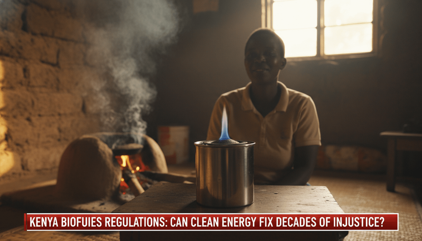 A cinematic, photorealistic news broadcast image of a Kenyan woman in her home, transitioning from a smoky wood-burning hearth in the background to a modern, clean-energy bioethanol stove in the foreground featuring a bright, steady blue flame. The scene is captured in an editorial photography style with warm, natural lighting and professional depth of field to emphasize the transition to clean energy. At the bottom of the frame is a bold, high-contrast TV news lower-third banner with the exact text: "Kenya Biofuels Regulations: Can Clean Energy Fix Decades of Injustice?"