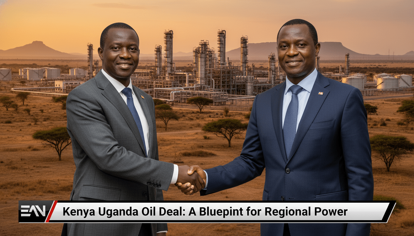 A cinematic, photorealistic news broadcast image. In the foreground, two East African men in formal business suits shake hands in a gesture of strategic partnership. The background features a sprawling, modern industrial oil refinery with gleaming silver pipelines and large storage tanks under a warm golden-hour sky in an East African landscape. The scene is shot in a high-quality editorial style with a professional depth of field. At the bottom of the frame, there is a sleek, high-contrast TV news lower-third banner. The banner is bold and professional, featuring the exact text in a legible, white sans-serif font: "Kenya Uganda Oil Deal: A Blueprint for Regional Power".
