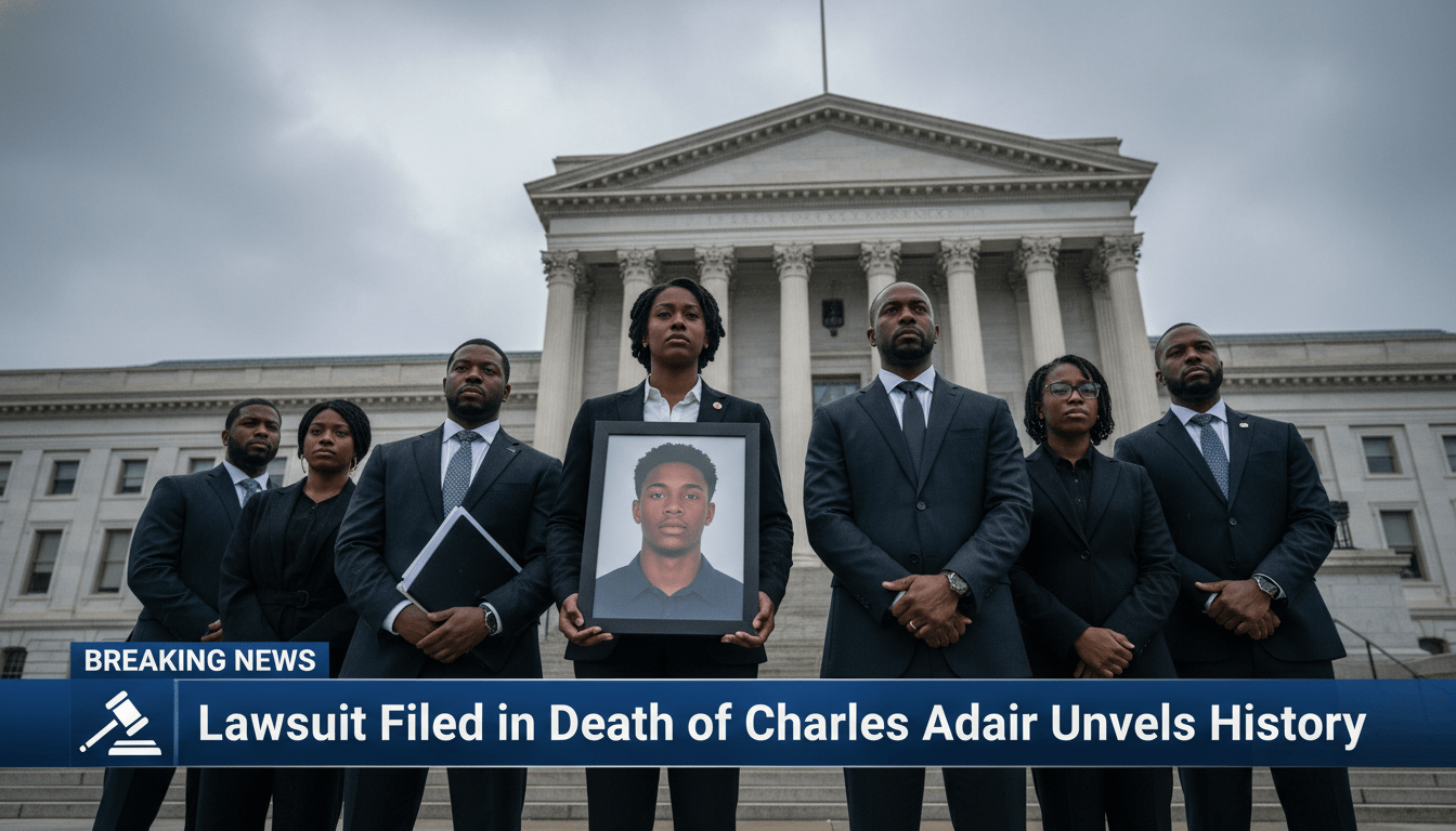 A cinematic, photorealistic editorial scene for a news broadcast. A group of somber and determined African American individuals are gathered in front of a majestic stone courthouse under a dramatic, overcast sky. The focus is sharp, using professional news-style framing with high-quality lighting. At the bottom of the frame, there is a bold, high-contrast TV-news lower-third banner in navy blue and white. The text on the banner is large, perfectly legible, and reads exactly: "Lawsuit Filed in Death of Charles Adair Unveils History"