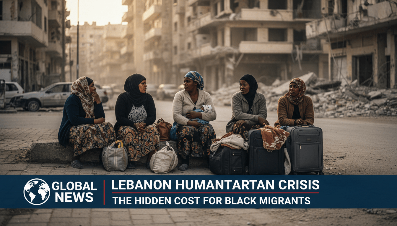 A cinematic, photorealistic editorial-style photograph capturing a group of African women migrants sitting together on a sidewalk in a city street in Lebanon. They are surrounded by their modest belongings and suitcases, reflecting a sense of displacement and resilience. The background shows the soft-focus architectural landscape of a city with visible signs of structural damage and rubble, conveying a solemn and poignant mood in the aftermath of conflict. The lighting is natural and dramatic, typical of professional news photography. Across the bottom of the image, there is a professional TV news lower-third graphic banner with a sleek, high-contrast design. The text on the banner is bold, sharp, and reads exactly: "Lebanon Humanitarian Crisis: The Hidden Cost for Black Migrants".