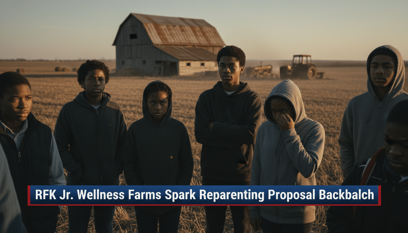 Cinematic, editorial news-style photograph of a group of somber African American teenagers and a concerned African American woman standing in a sprawling, isolated rural field with a large wooden barn in the background. The atmosphere is serious and reflective, captured in a photorealistic documentary style with dramatic natural lighting. The image includes a professional TV news lower-third banner at the bottom with a high-contrast background. The text on the banner is bold, legible, and reads exactly: "RFK Jr. Wellness Farms Spark Reparenting Proposala Backlash".