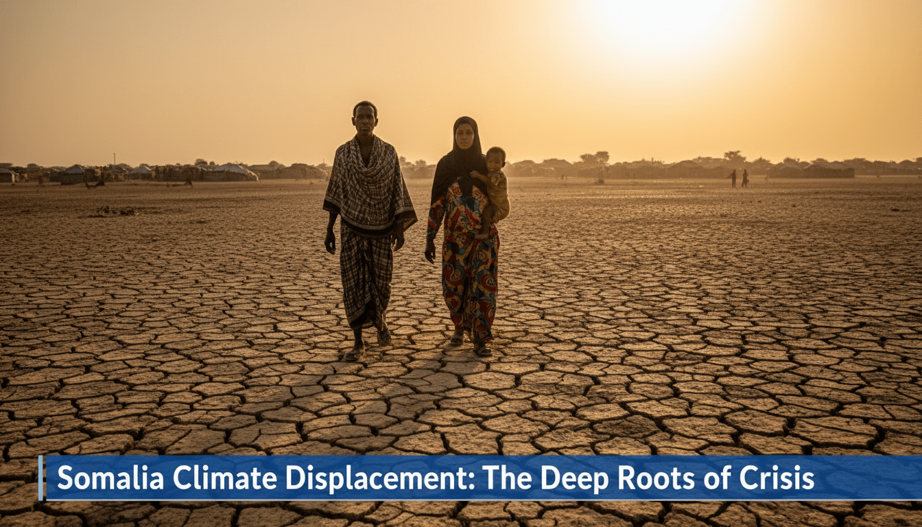 A cinematic, photorealistic editorial news photograph of a Somali family walking across a vast, sun-parched landscape with deep, geometric cracks in the arid soil. The sky is a hazy, sweltering orange-gold, suggesting intense heat and prolonged drought. The family, featuring a man in a traditional macawiis and a woman in a vibrant hijab and guntiino carrying a small child, is depicted in a wide-angle shot as they migrate toward a distant, blurred informal settlement of makeshift shelters. The lighting is dramatic and somber, capturing a mood of resilience amid crisis. At the bottom of the frame, there is a professional, high-contrast TV news lower-third graphic banner in blue and white with bold, legible text that reads exactly: "Somalia Climate Displacement: The Deep Roots of Crisis".