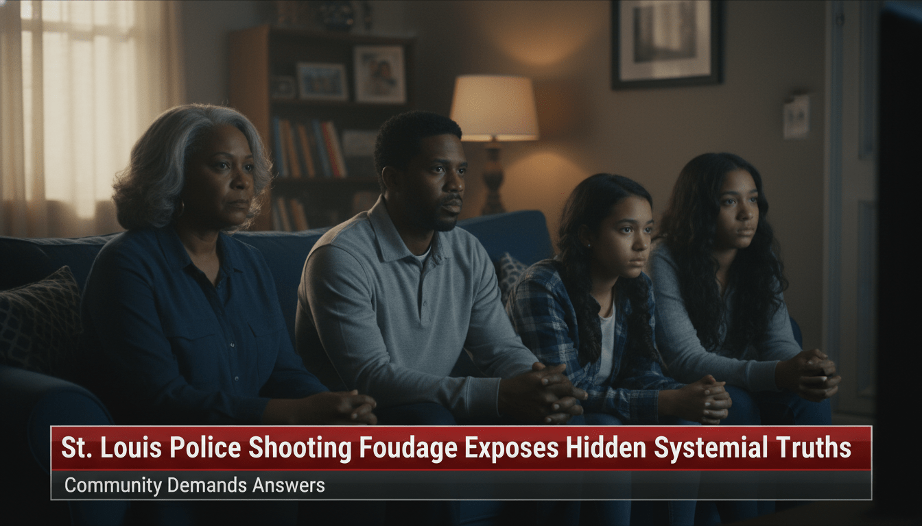 Cinematic, photorealistic news broadcast still. An African American family of various ages sits together in a living room, their expressions solemn and focused as they look toward an unseen screen, representing the discovery of a long-hidden truth. The lighting is soft and dramatic, emphasizing the emotional weight of a community seeking justice. In the style of editorial news photography with a shallow depth of field. At the bottom of the screen, there is a professional, bold, high-contrast TV news lower-third graphic. The text on the banner reads exactly: "St. Louis Police Shooting Footage Exposes Hidden Systemic Truths". The graphics are crisp, modern, and high-quality.