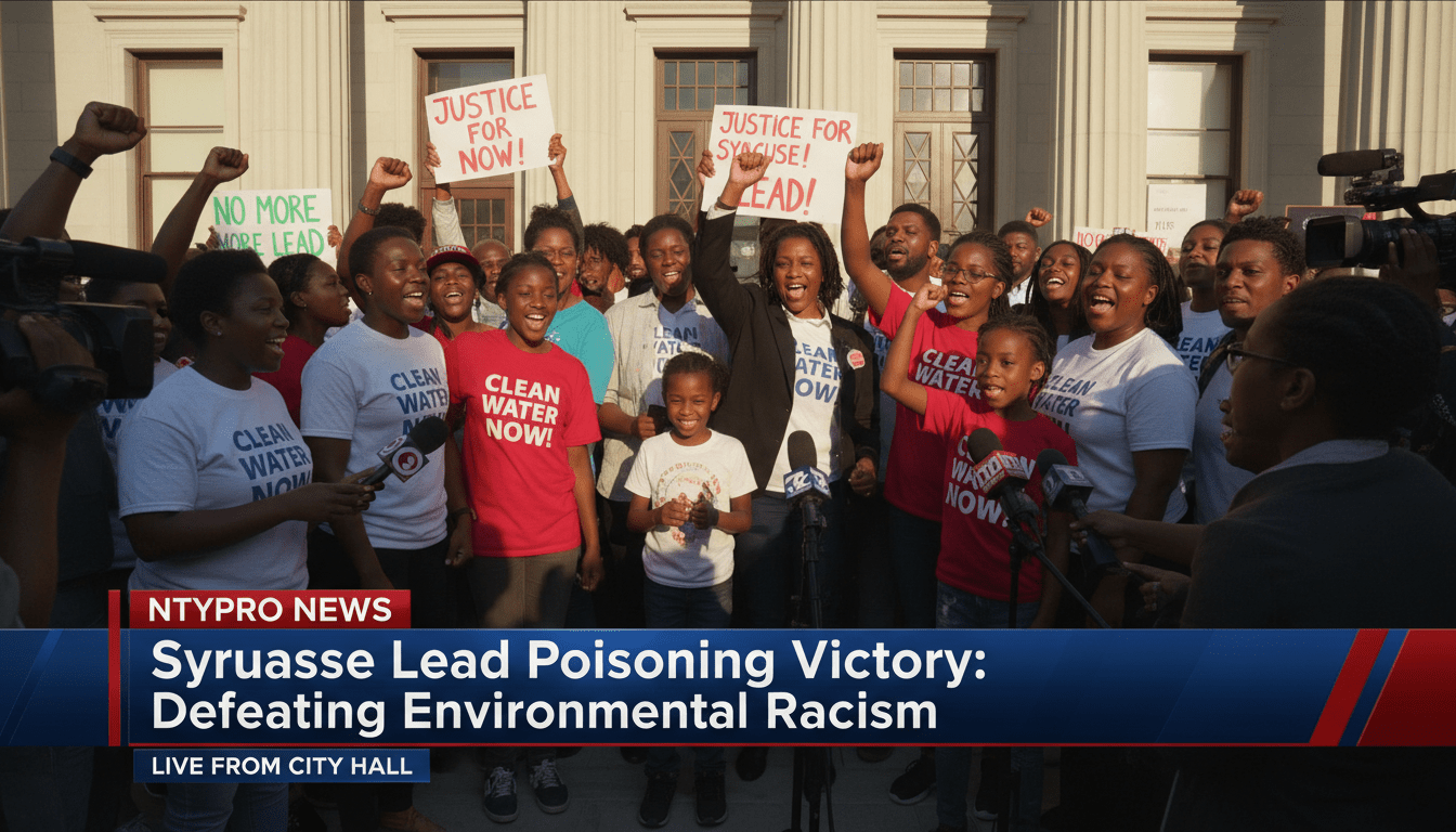 Editorial news broadcast style photography. A group of African American community activists and families stand in front of a city hall building, showing a sense of victory and justice. The lighting is bright and cinematic. At the bottom of the image, there is a professional, high-contrast TV news lower-third banner. The text on the banner is bold and must read exactly: "Syracuse Lead Poisoning Victory: Defeating Environmental Racism".