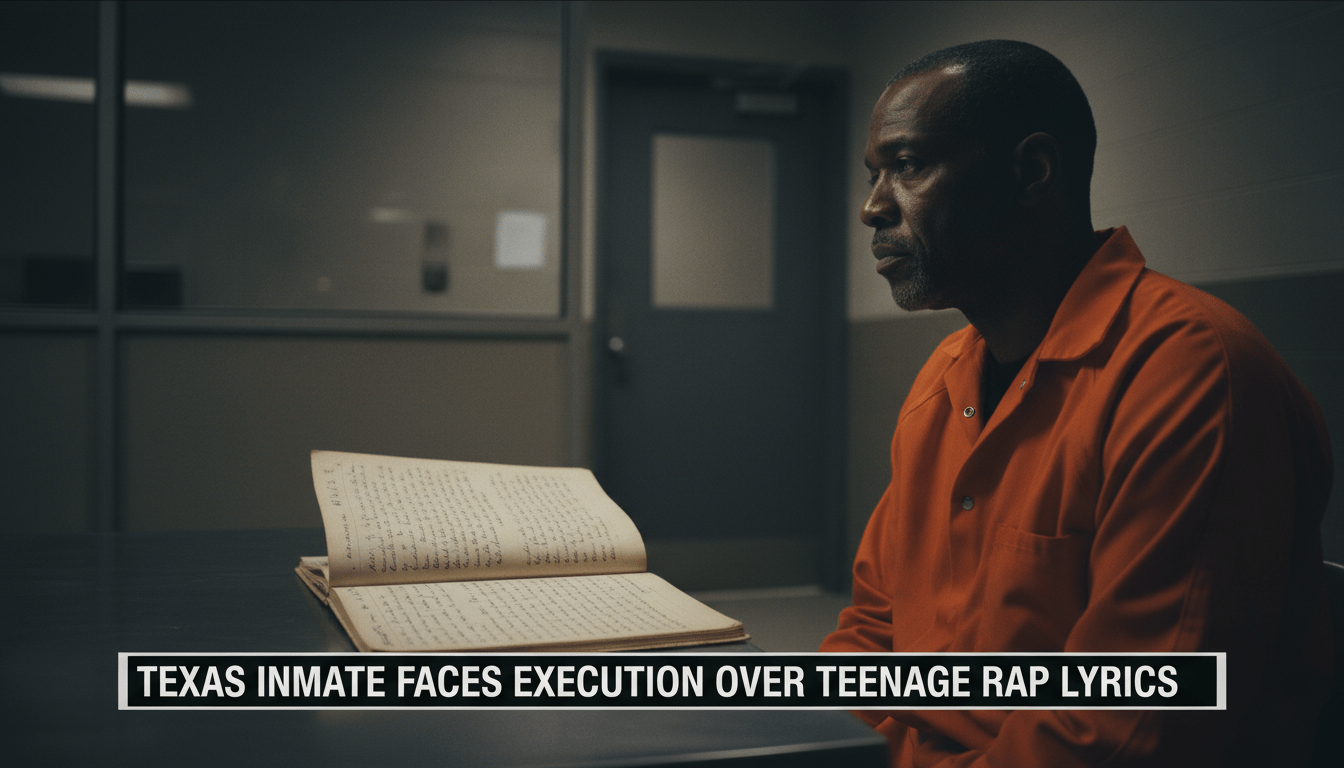Cinematic, photorealistic editorial news broadcast shot. A side profile of a middle-aged African American man in an orange prison jumpsuit, sitting in a somber, dimly lit visitation room with a reflective and solemn expression. On the table before him lies a worn, open spiral-bound notebook filled with handwritten poetic verses and scribbled lyrics. The lighting is dramatic with high-contrast shadows, emphasizing a serious legal atmosphere. At the bottom of the frame, there is a professional, high-contrast TV news lower-third graphics banner with bold, white legible text that reads exactly: "Texas Inmate Faces Execution Over Teenage Rap Lyrics".
