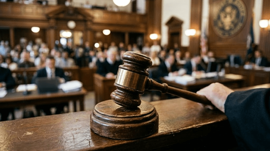 A high-quality, photorealistic editorial news image of a somber African American man sitting in a polished, formal federal courtroom in Louisiana. The scene is cinematic with dramatic lighting, focusing on the weight of a landmark civil rights ruling. The man wears a dignified yet heavy expression, capturing the gravity of the legal system and the struggle for accountability. The background features blurred wooden pews and a classic judicial setting. The framing is professional and wide-angle, mimicking a television news broadcast. At the bottom of the screen, a bold, high-contrast TV-news style lower-third banner features legible text that reads exactly: "The Dark Truth Behind the Louisiana Deputy Prisoner Abuse Case".