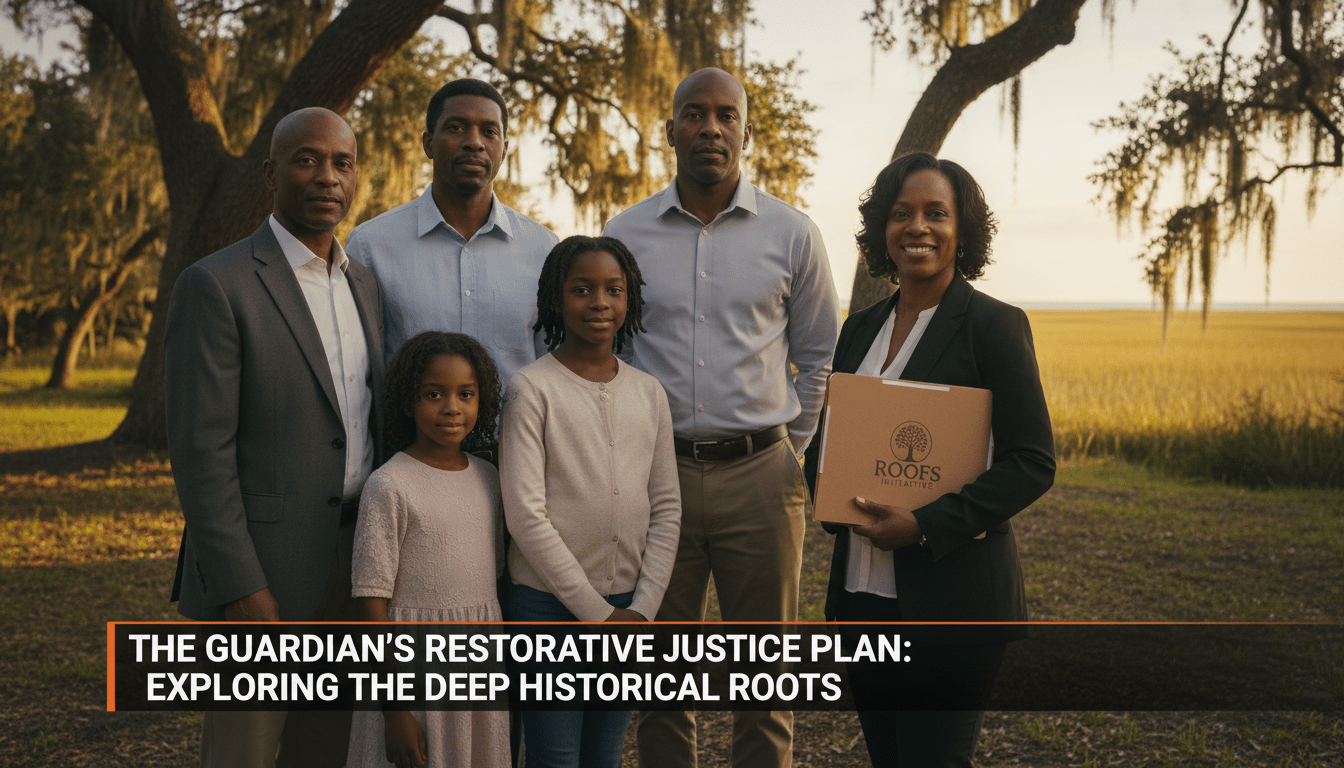 Cinematic, photorealistic editorial news broadcast shot. A multigenerational African American family stands together in a lush, coastal Sea Island landscape with Spanish moss-draped oak trees and a golden marsh background. Beside them, a professional community manager of African descent holds a legal folder, symbolizing land preservation and the ROOFS initiative. The lighting is warm golden hour, emphasizing a hopeful and dignified mood. At the bottom of the screen is a professional, high-contrast TV news lower-third graphic banner. The text on the banner is bold, white, and reads exactly: "The Guardian's Restorative Justice Plan: Exploring the Deep Historical Roots"