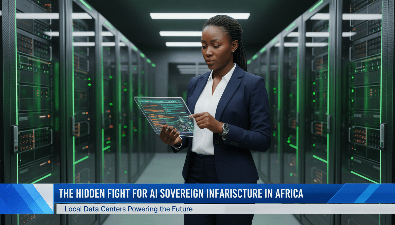 Editorial news broadcast style, cinematic photorealistic shot of an African female technology expert in a modern, high-tech server room with glowing green and blue LED lights, representing a local data center. She is professionally dressed, looking at a digital tablet with complex data visualizations. The background shows rows of sophisticated sovereign infrastructure. At the bottom of the frame, a sharp, professional TV news lower-third graphic banner in high-contrast blue and white features the bold, legible text: "The Hidden Fight for AI Sovereign Infrastructure in Africa". High-quality 8k resolution, studio lighting, shallow depth of field.